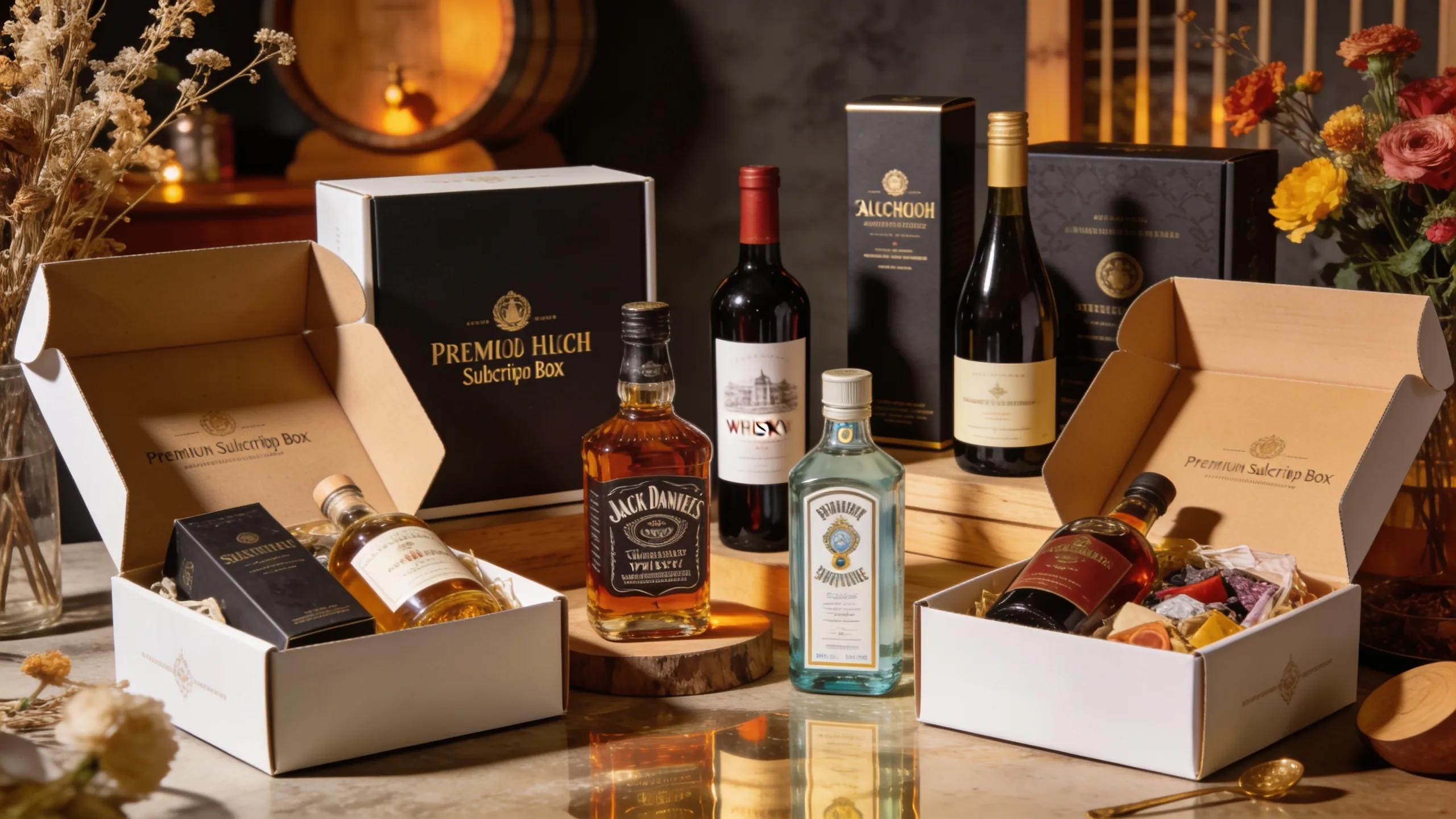 Variety of premium alcohol subscription boxes featuring whiskey, wine, and gin, showcasing the convenience of doorstep delivery