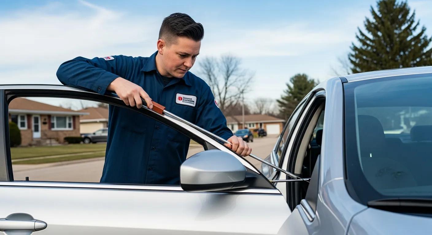 Technician using tools for vehicle lockout assistance in Warren, MI