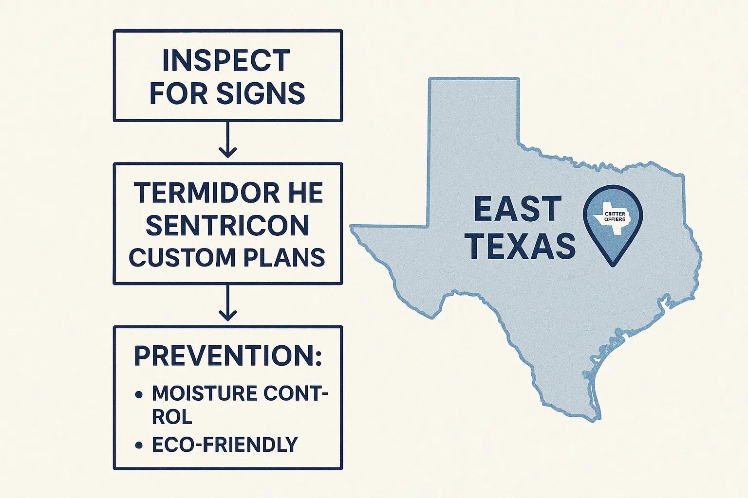 Flowchart illustrating termite control steps for East Texas, featuring inspection, Termidor HE Sentricon custom plans, and prevention tips including moisture control and eco-friendly options.