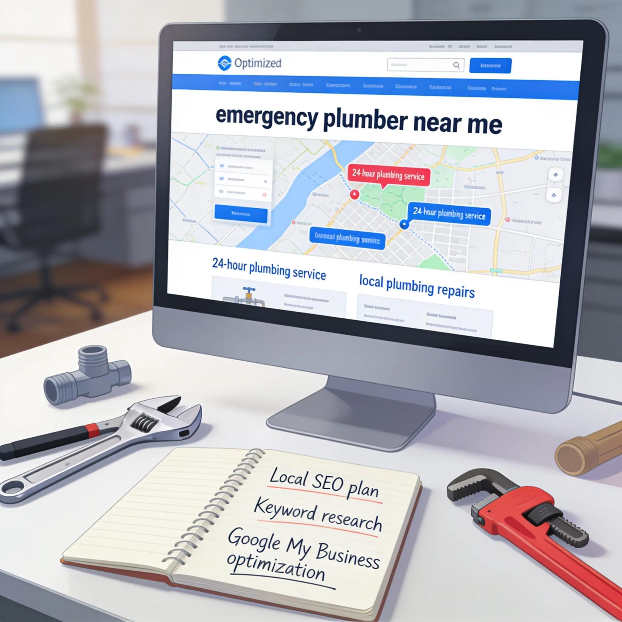 Digital marketing display showing an optimized emergency plumber website for local SEO strategies.