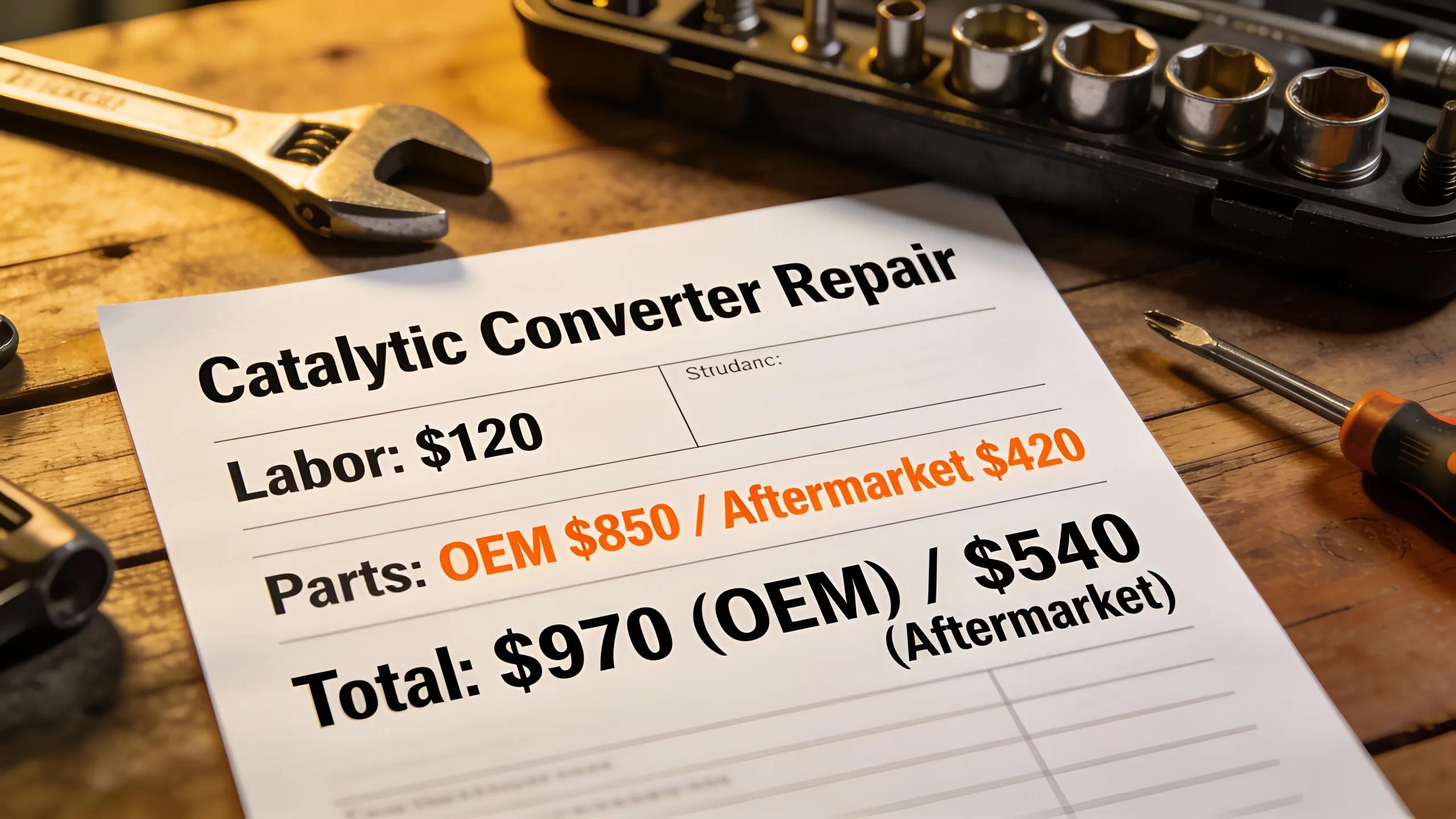 Auto repair invoice showing catalytic converter repair costs and services Catalytic converter repair invoice with parts and labor costs at Route 40 Auto.