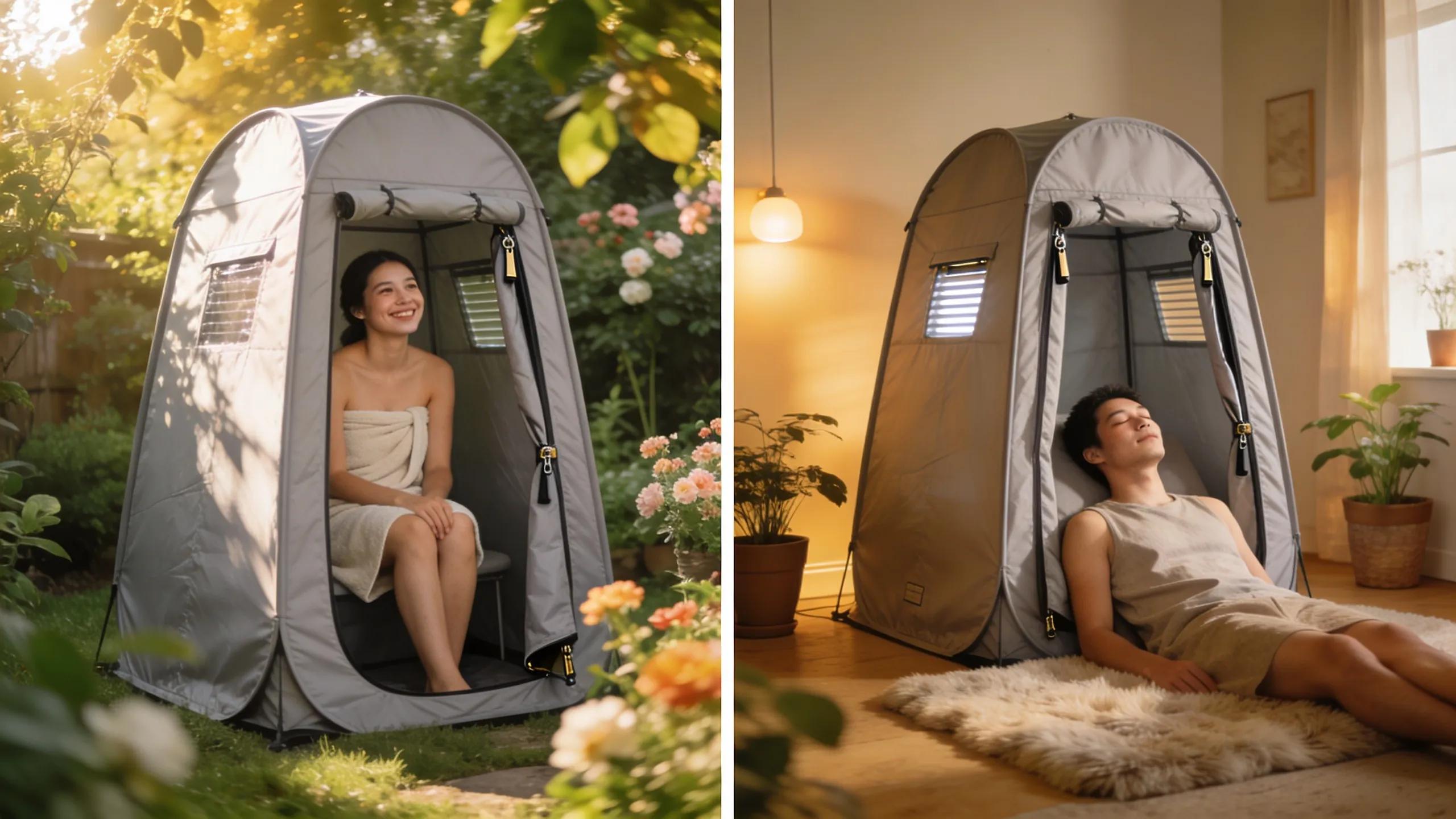 Comparison of portable sauna tent usage in outdoor and indoor settings, illustrating lifestyle benefits