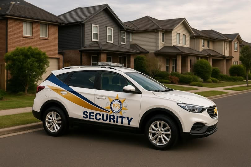 Family feeling secure with a friendly security guard in a residential neighborhood