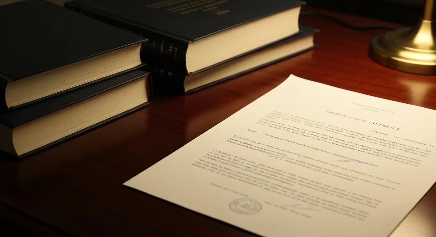 Close-up of an official document on a desk beside legal reference books