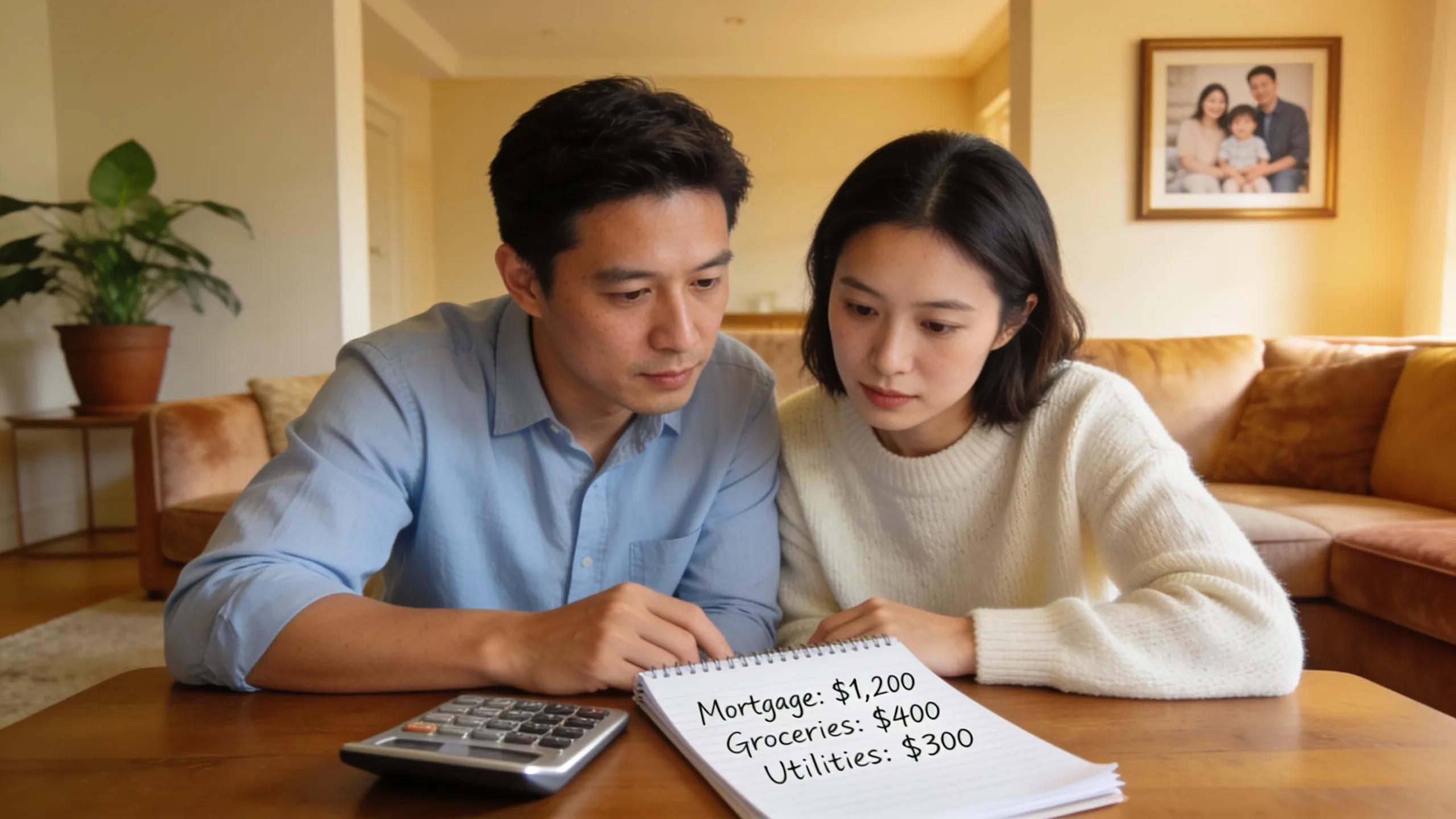 Couple reviewing closing costs with calculator and notepad in a cozy living room, highlighting financial discussions in real estate