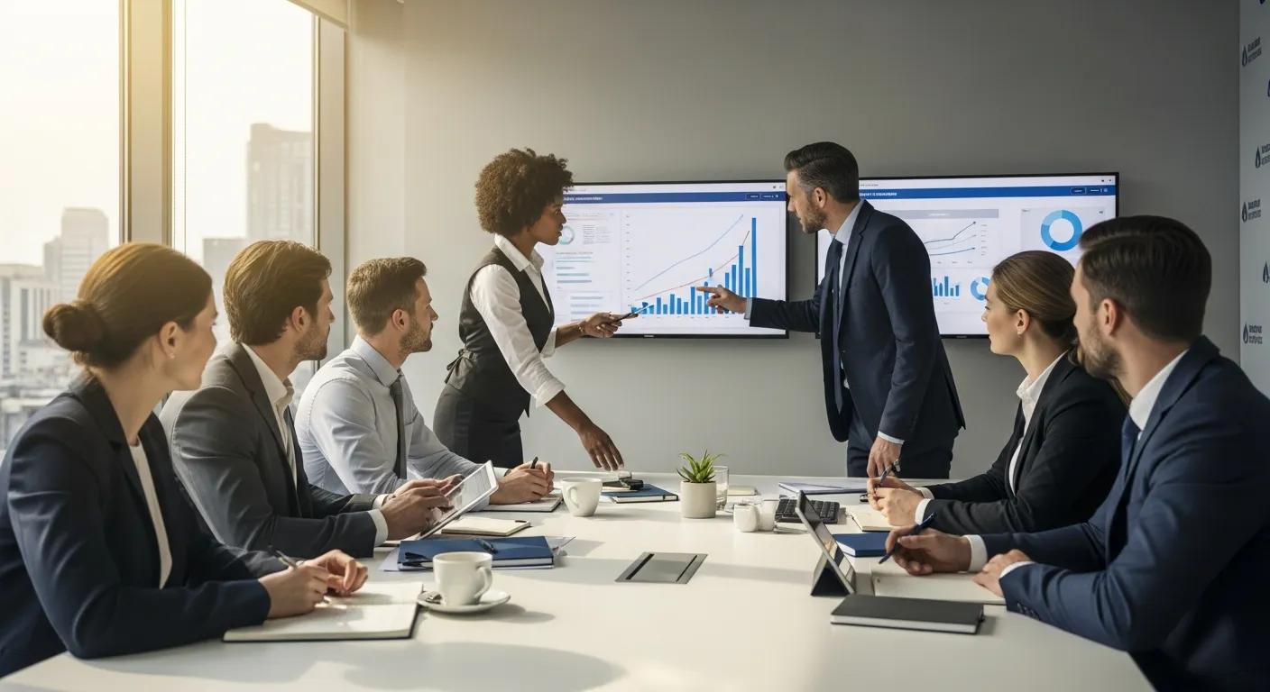 Financial team collaborating on loan portfolio disposition strategies in a modern office