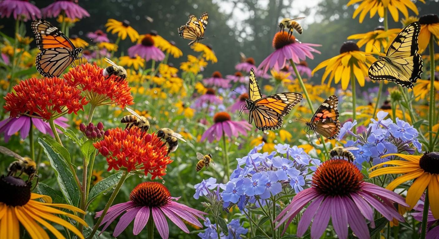 A colorful garden of native flowers busy with bees and butterflies — a healthy pollinator habitat