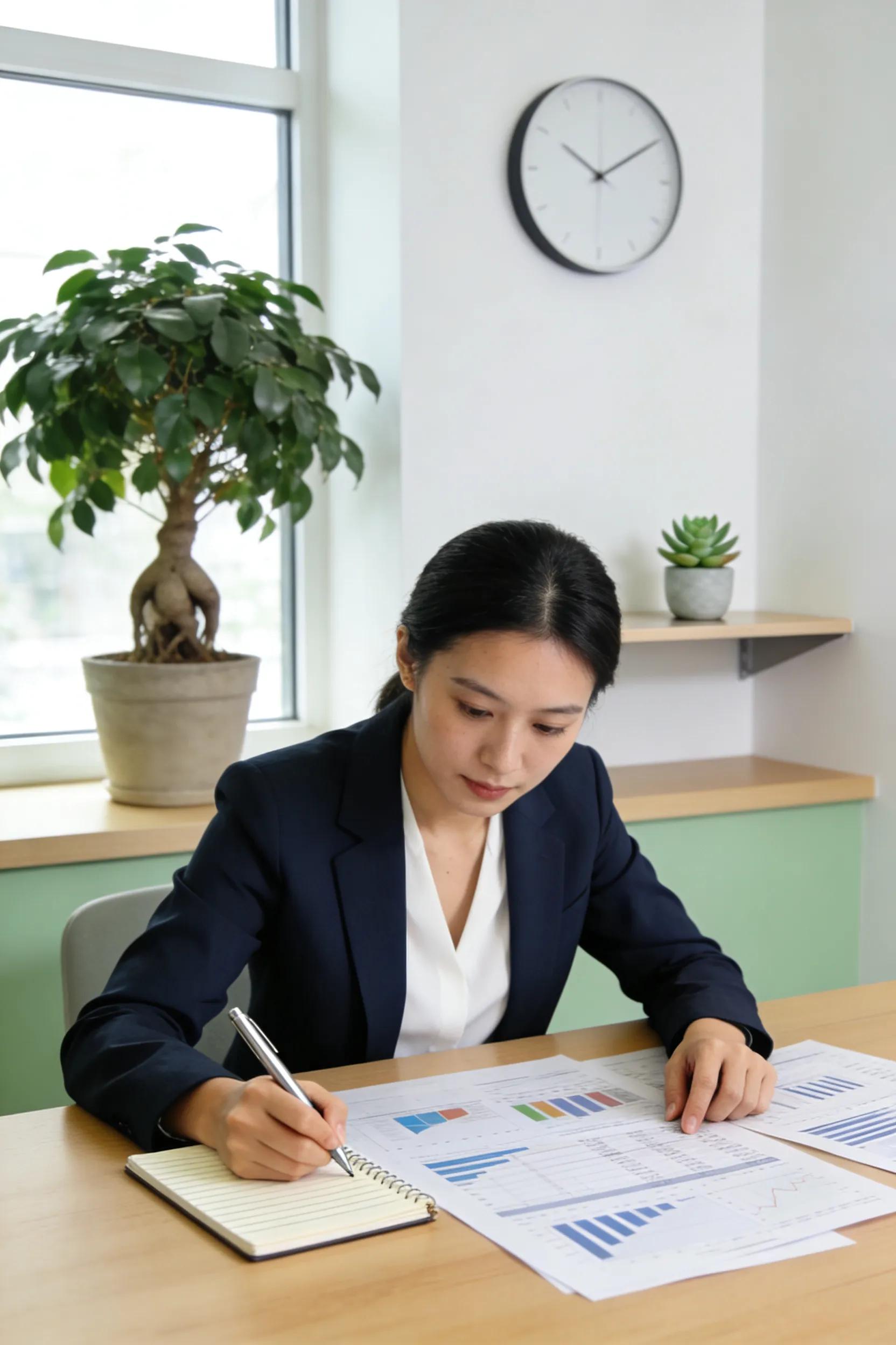 Business owner reviewing financial statements to improve credit profile Business owner reviewing financial statements to improve credit profile