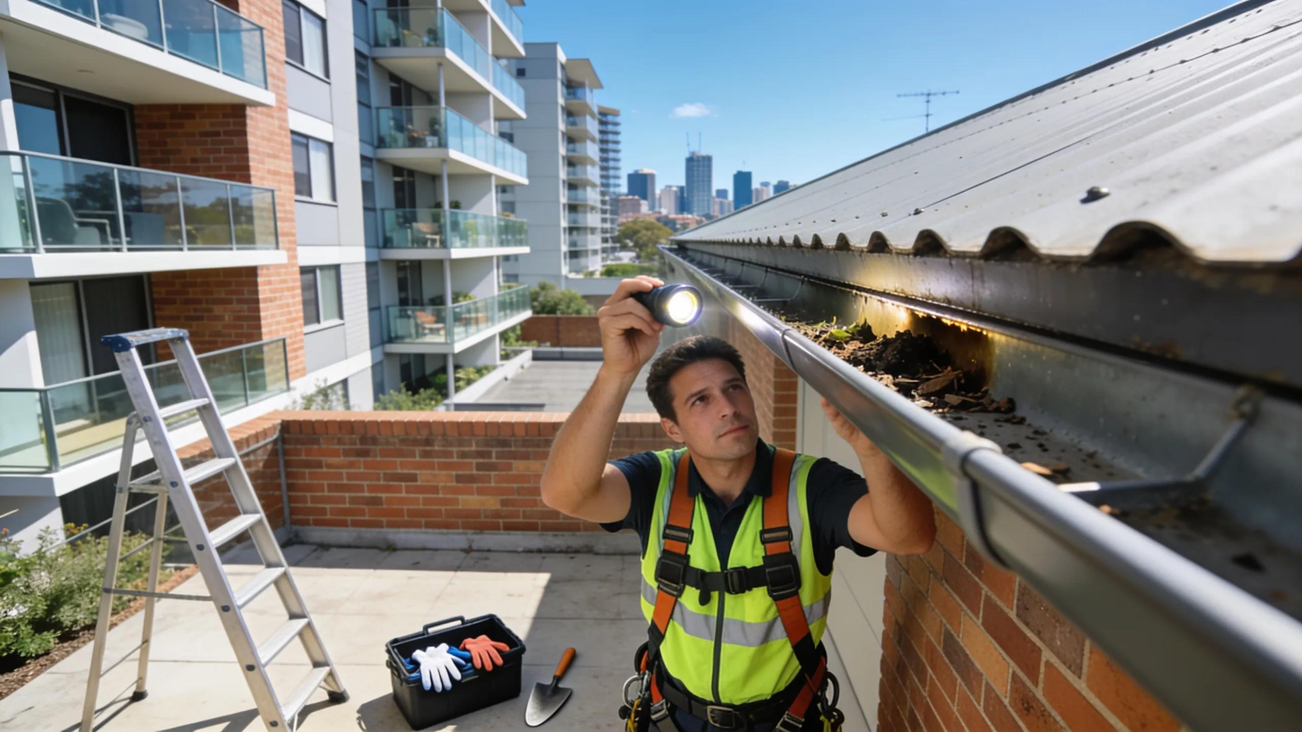 Building manager reviewing compliance documentation for strata gutter cleaning