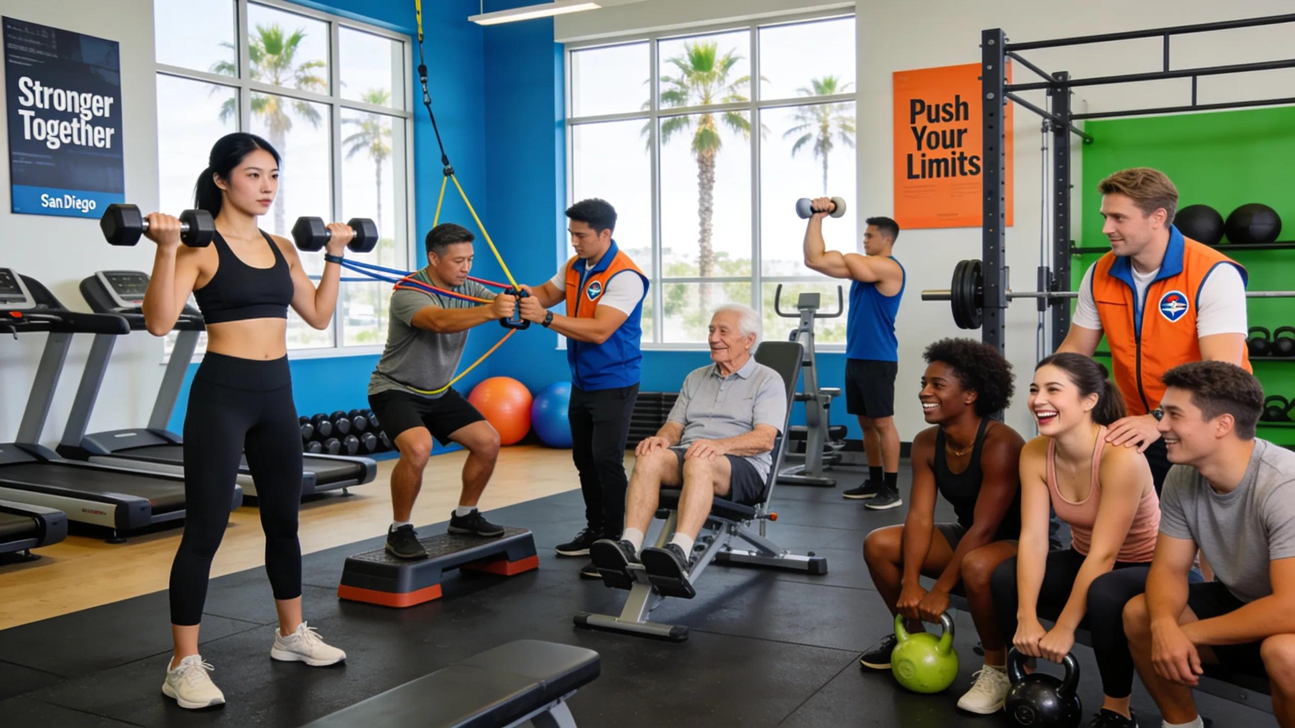 Group training in a bright San Diego gym with coaches guiding strength exercises