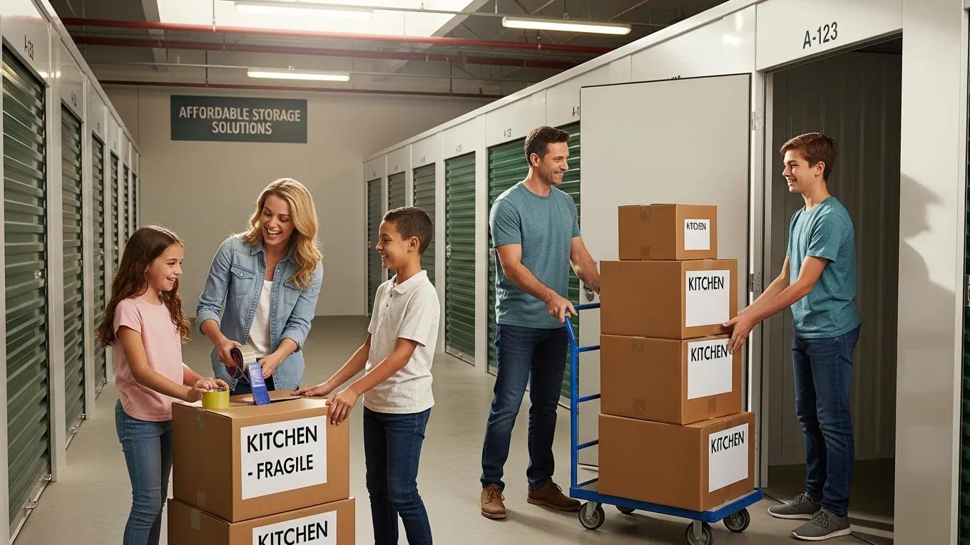 Family enjoying a stress-free moving experience with affordable storage units and organized packing