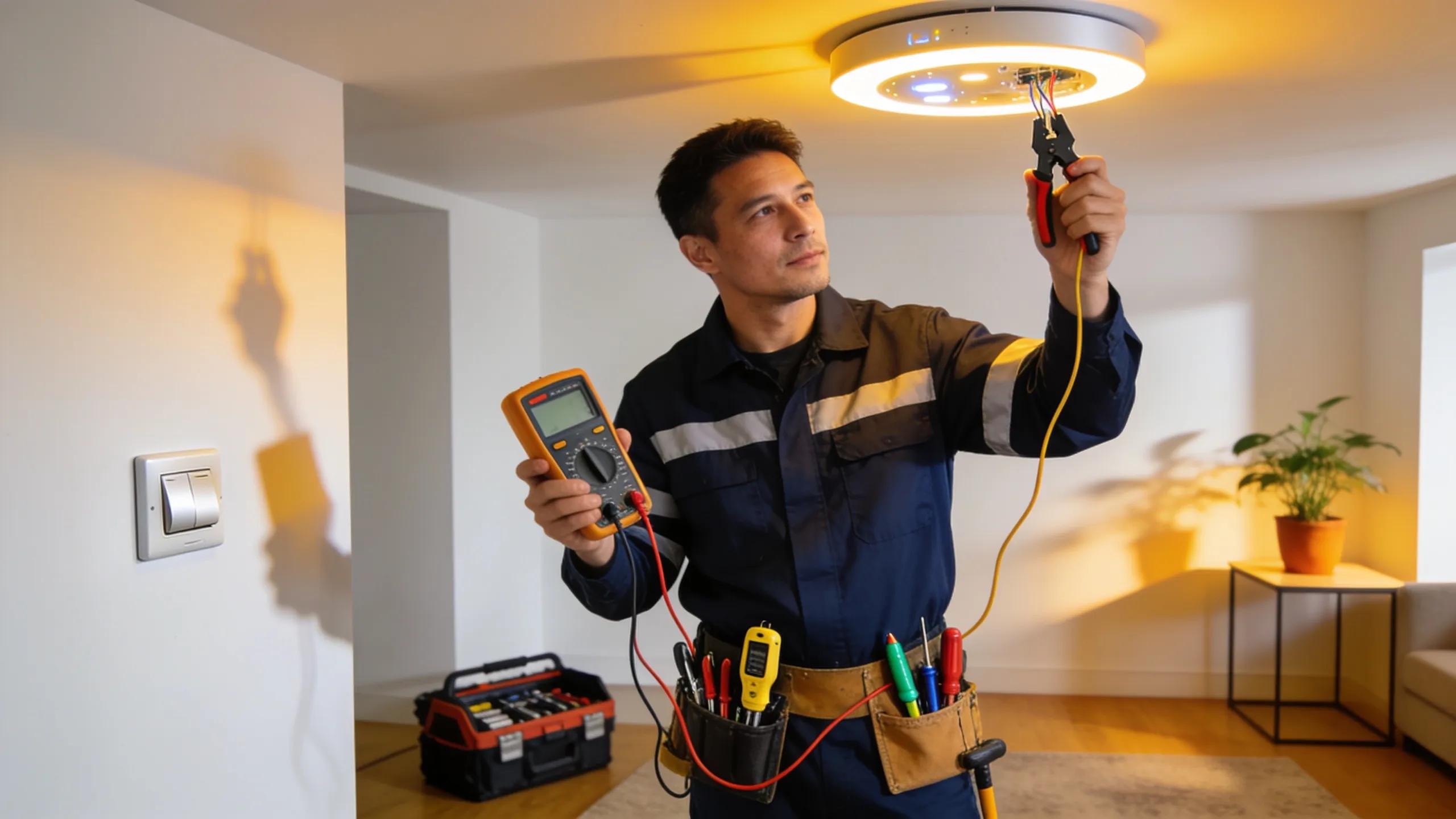 Electrician working with tools in a modern home setting