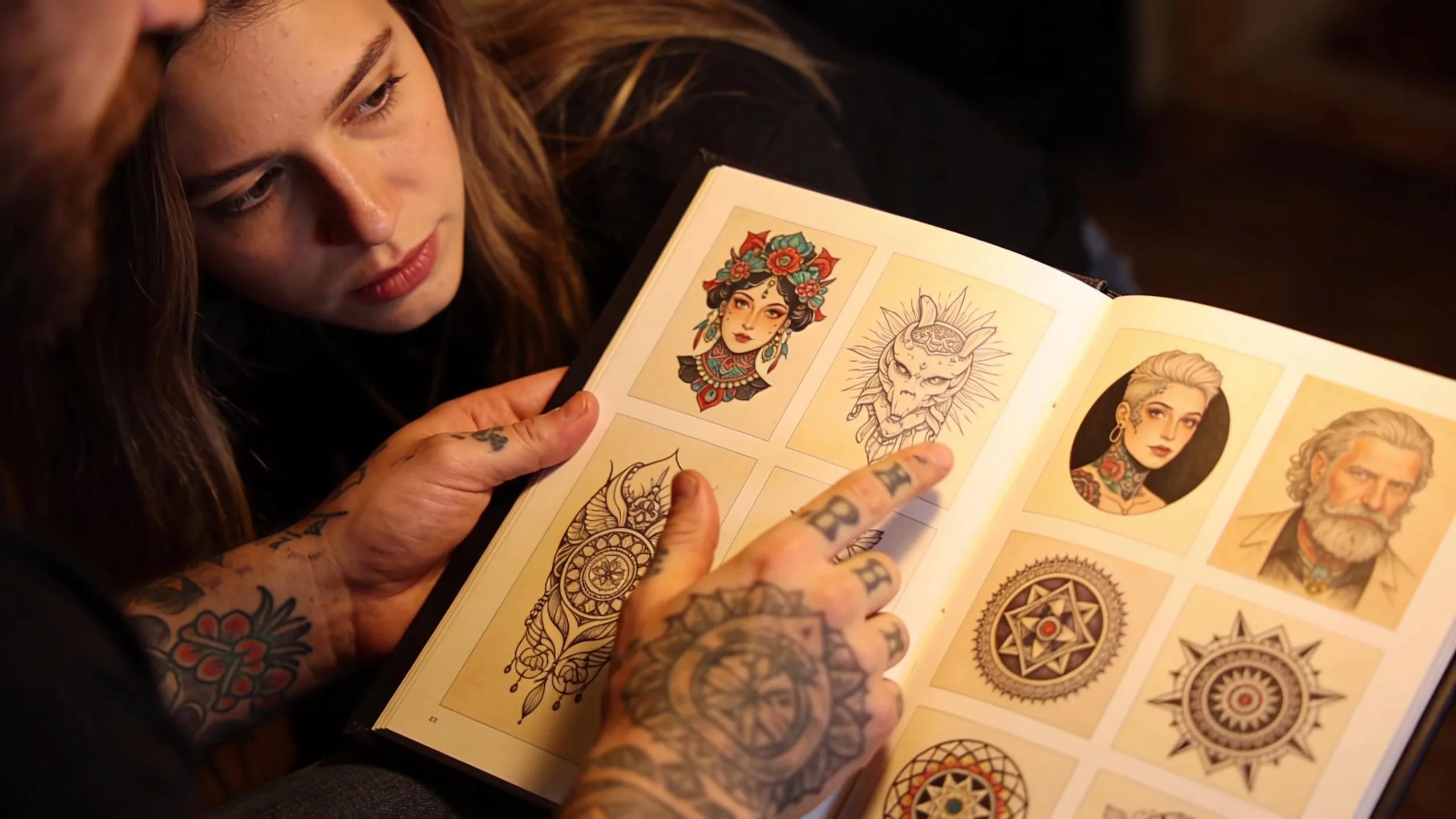 Close-up of diverse tattoo designs in an artist's portfolio during client review process