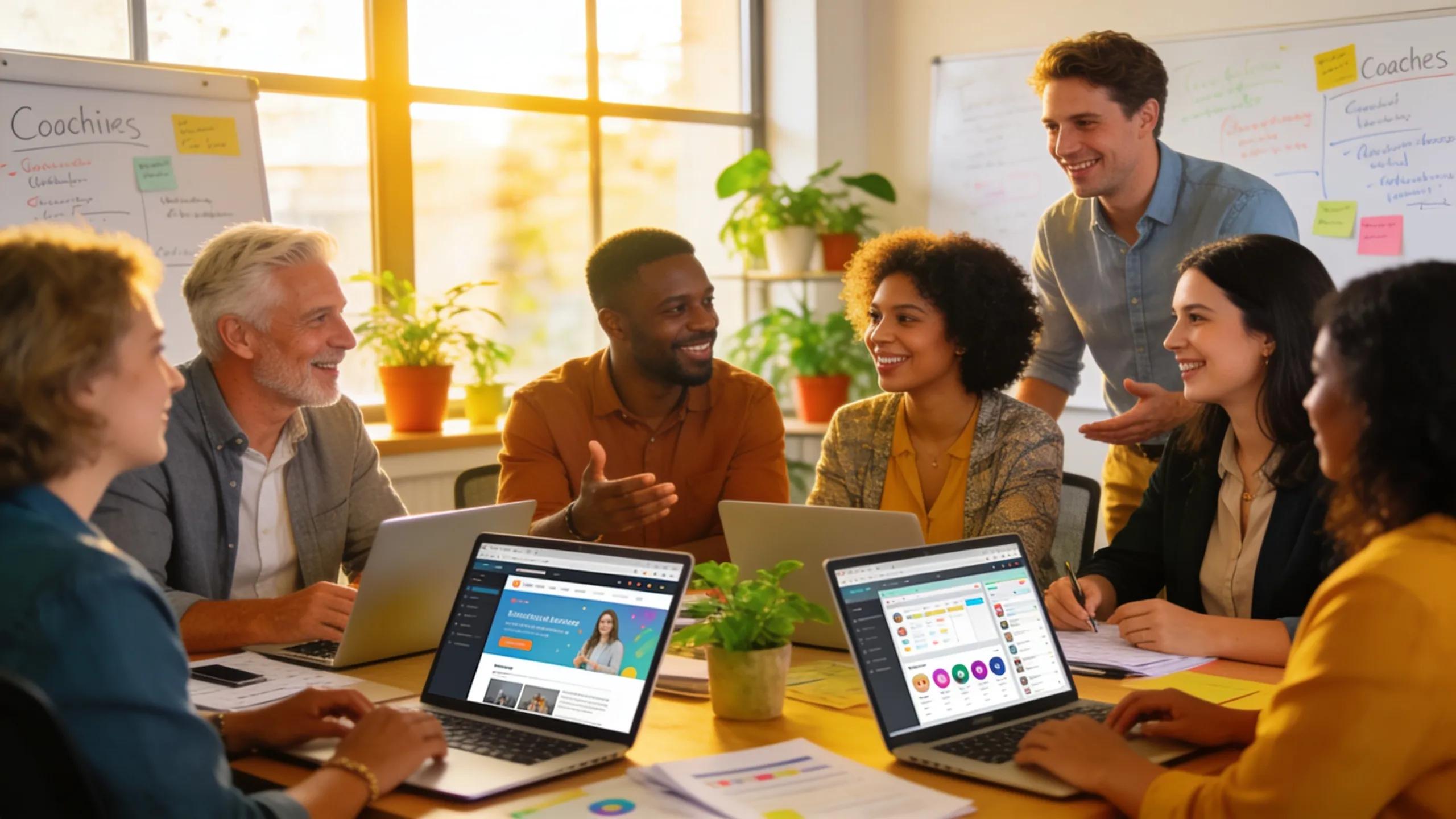 Diverse group of coaches collaborating in an office space, focusing on enhancing their online presence