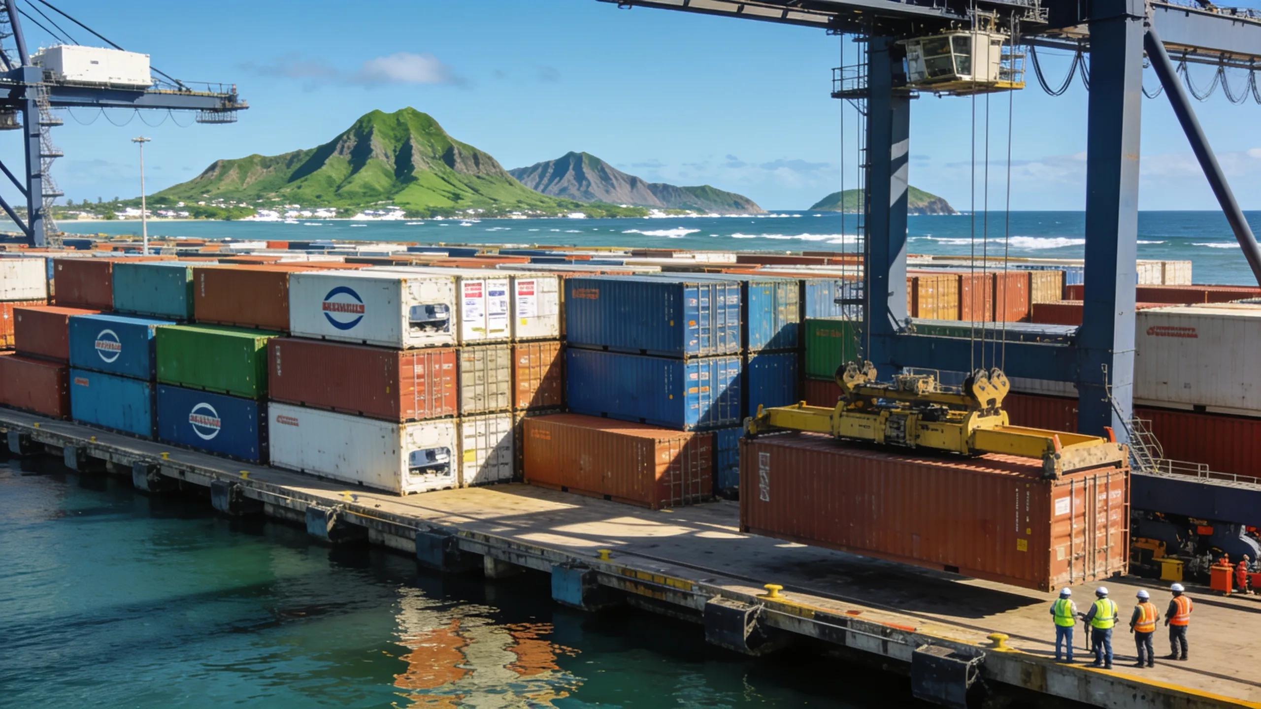 Shipping containers at port representing various shipping methods for moving to Hawaii