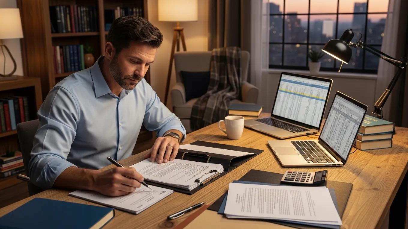 Investor conducting due diligence on non-performing notes in a cozy workspace