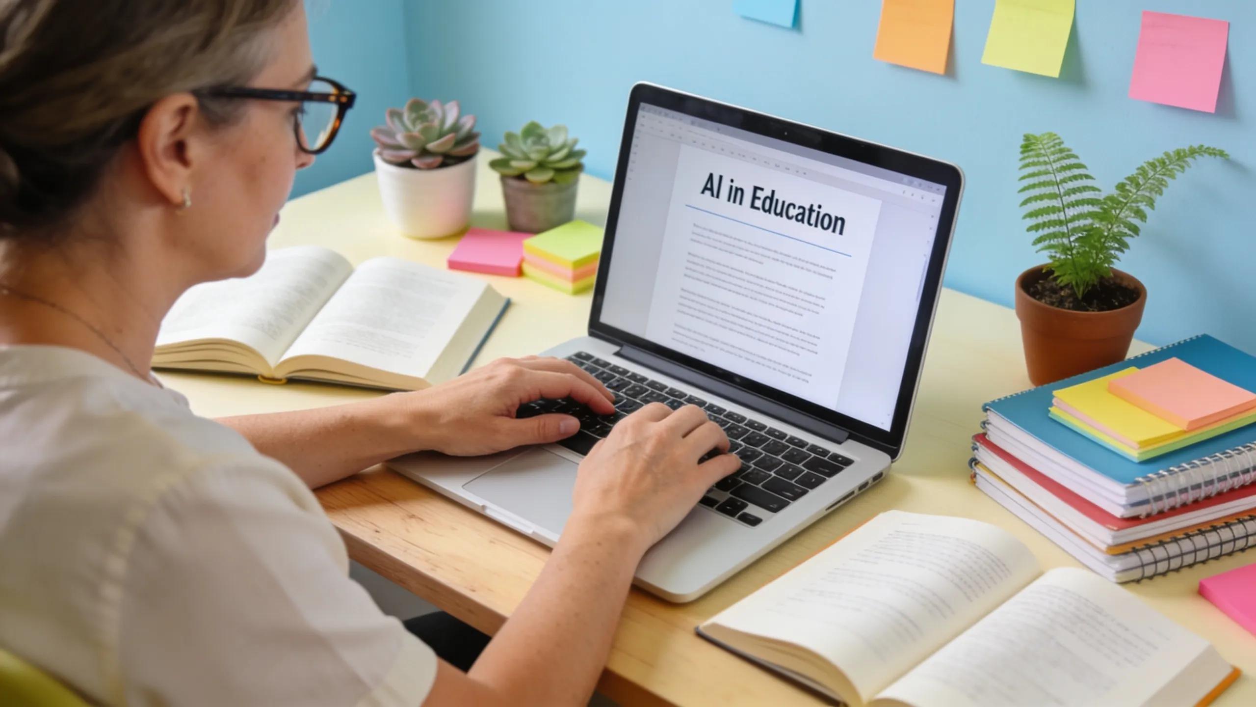 Educator working on a laptop in a bright workspace, representing the enhancement of AI presence