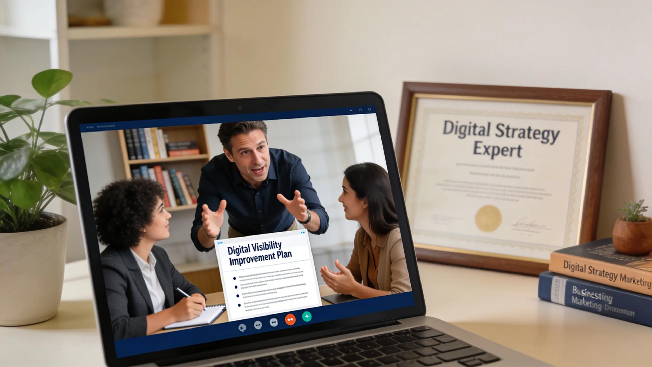 Coach engaged in a strategy call discussing digital visibility insights with clients
