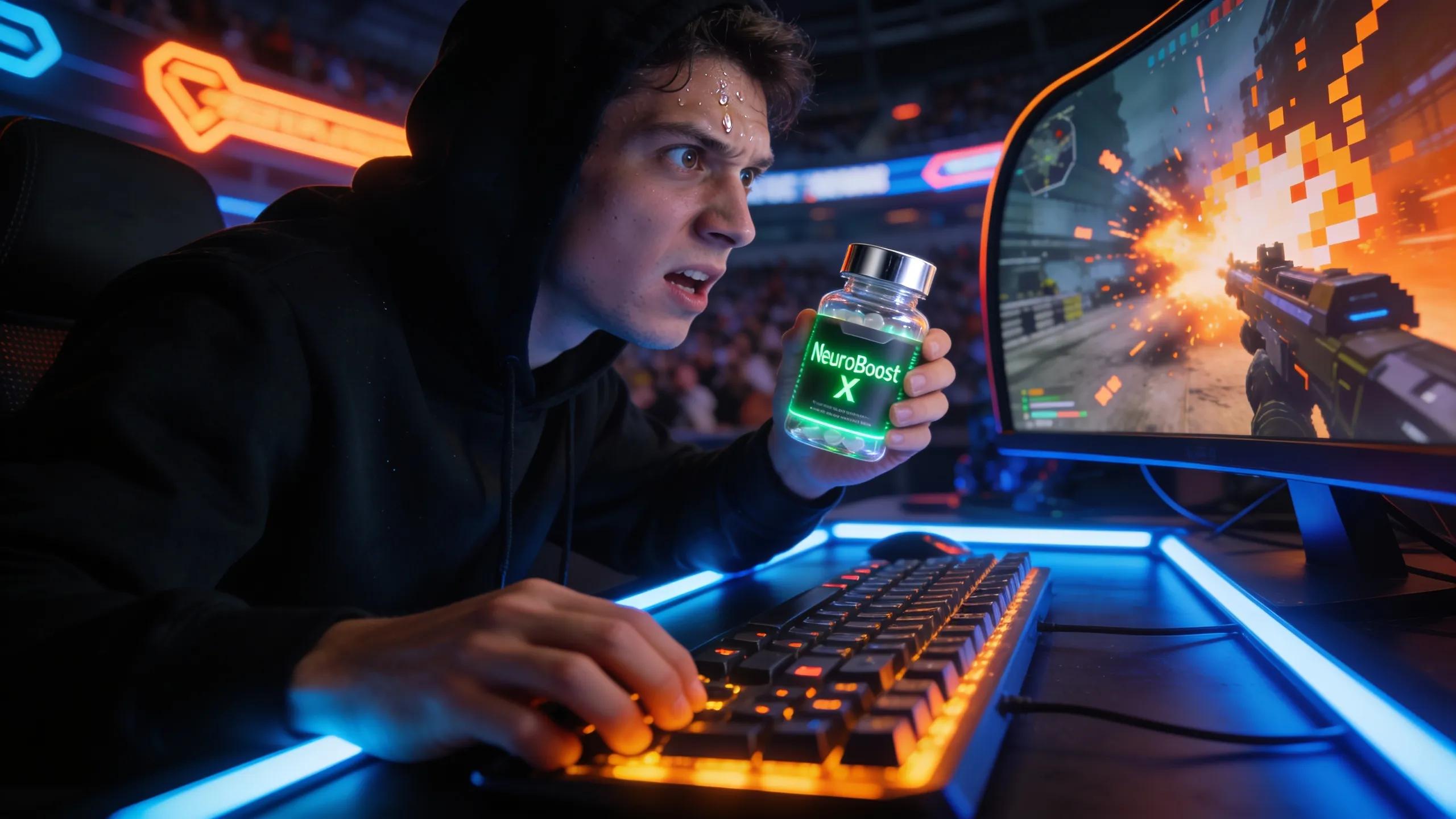 Gamer in an esports competition using cognitive enhancement supplements, highlighting focus and intensity