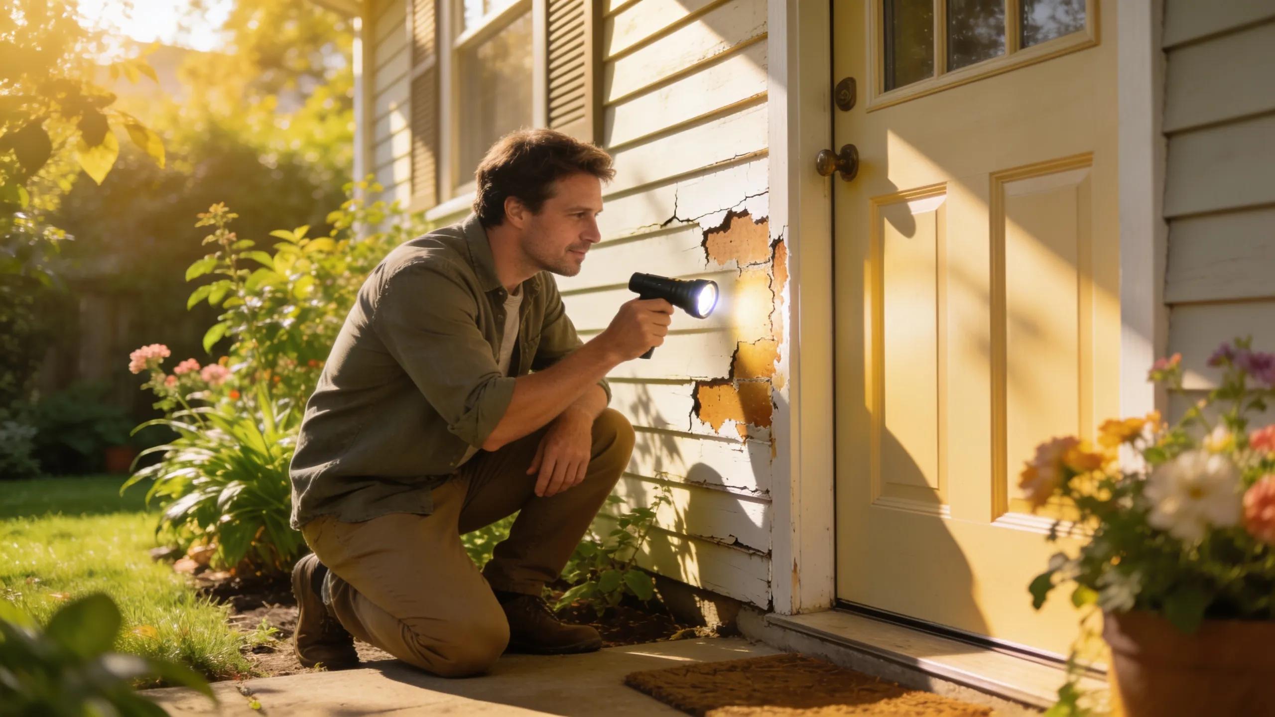 Homeowner inspecting damaged siding with a flashlight, showcasing home maintenance