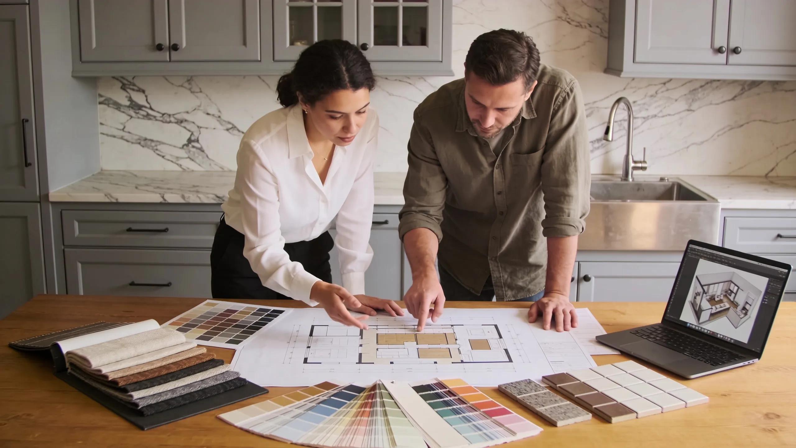 Kitchen remodeling consultation with designer and homeowner discussing options