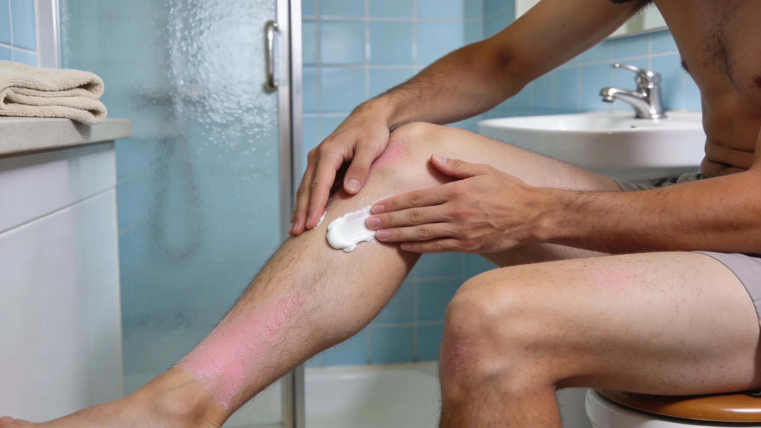 Man applying moisturizer on freshly waxed skin in a calming bathroom setting
