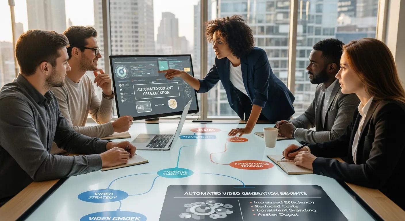 Team collaborating on a video strategy, highlighting automated video generation benefits Team collaborating on a video strategy, highlighting automated video generation benefits