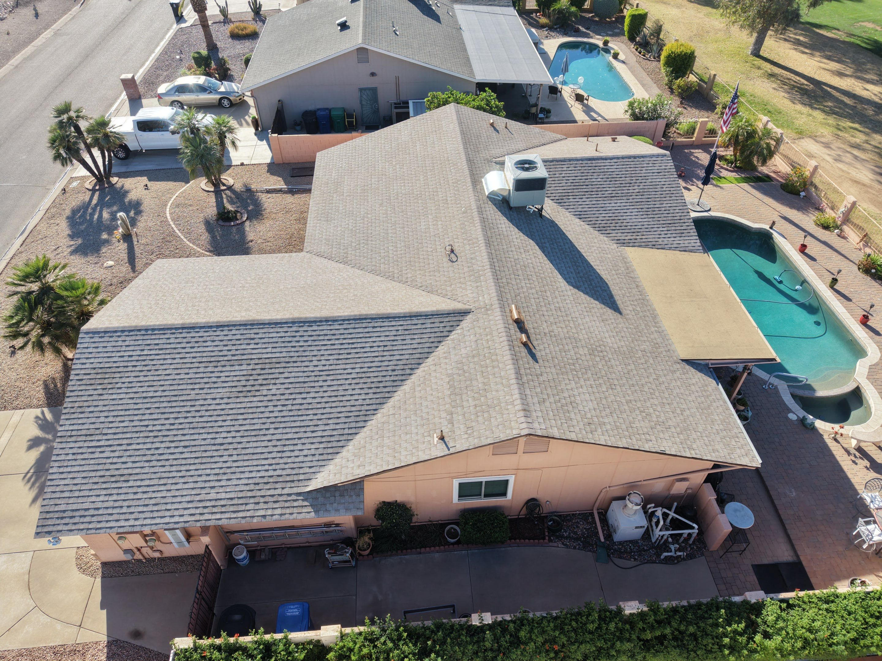 After: new shingle roof after tile to shingle replacement in Mesa, AZ
