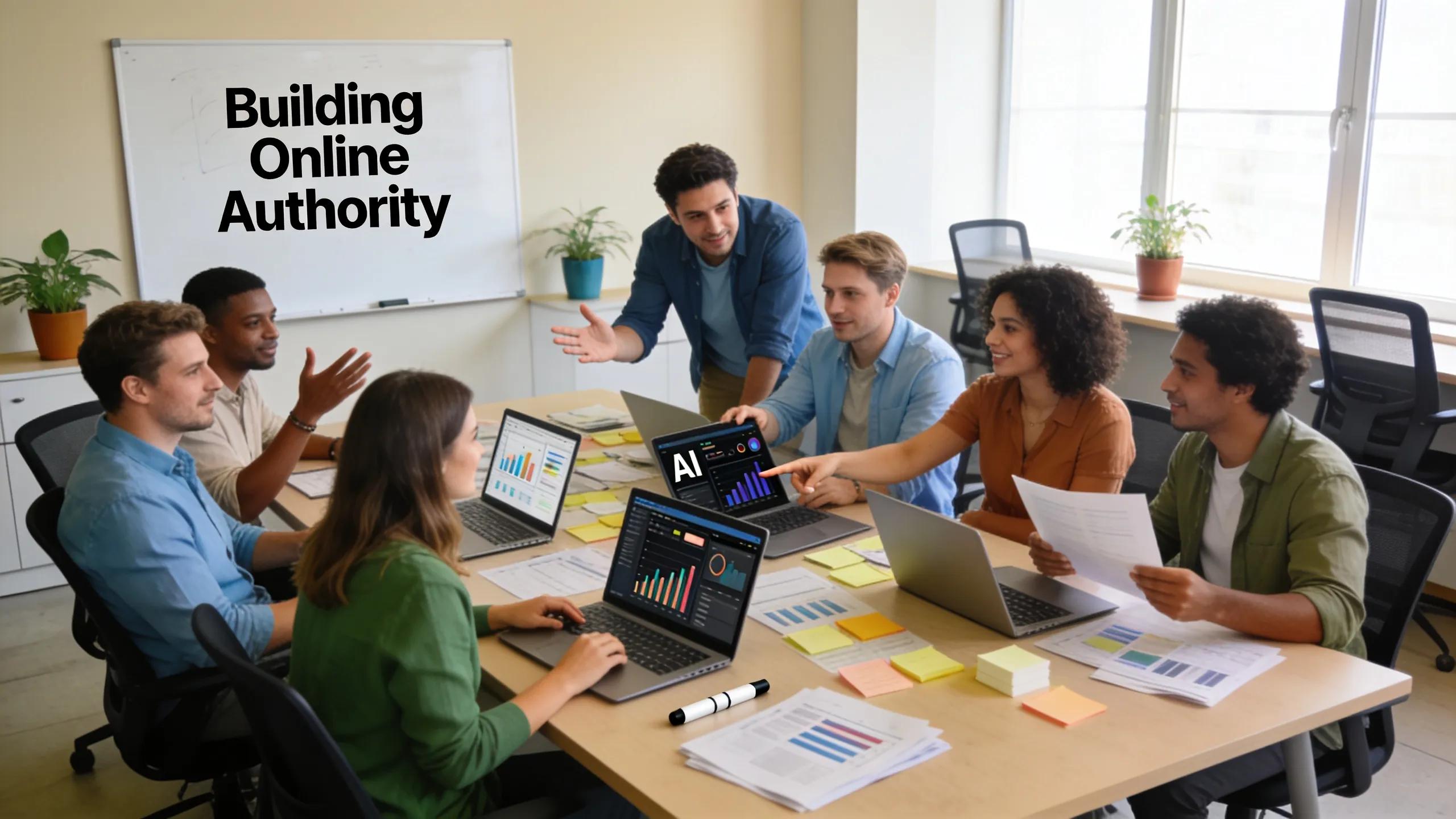 Group of finance experts and educators brainstorming AI-driven marketing strategies in a professional workspace