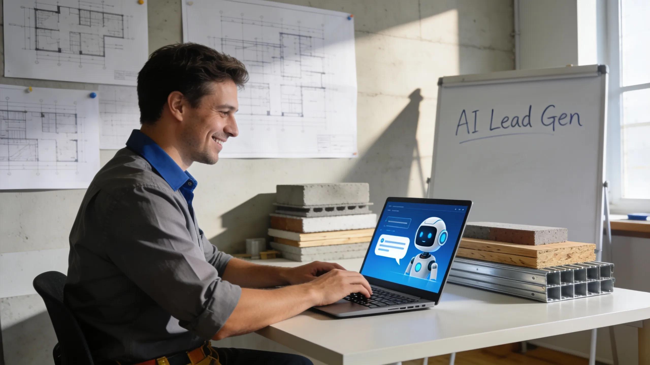Contractor using AI chatbot on laptop in a modern office setting for lead generation