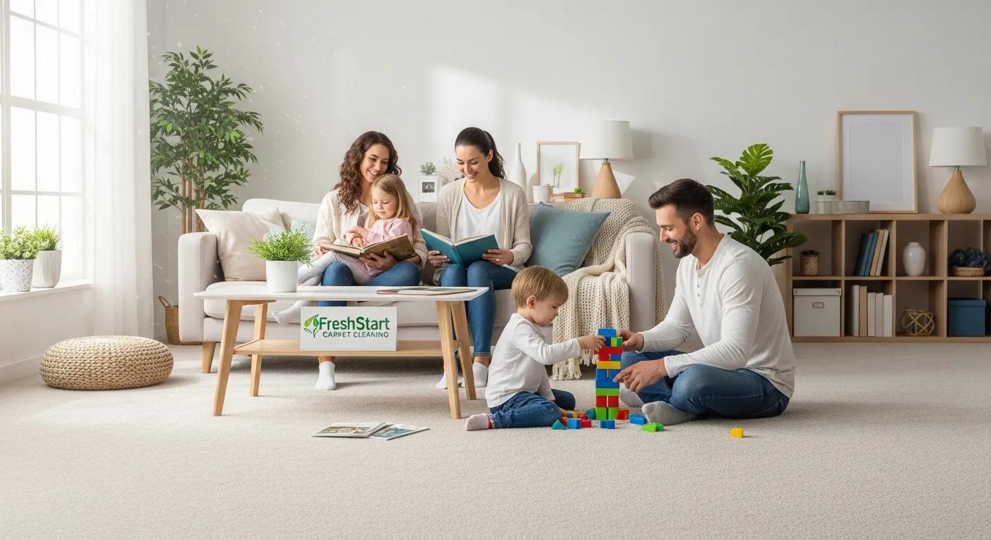 Family enjoying a clean living room, illustrating the benefits of professional carpet cleaning services