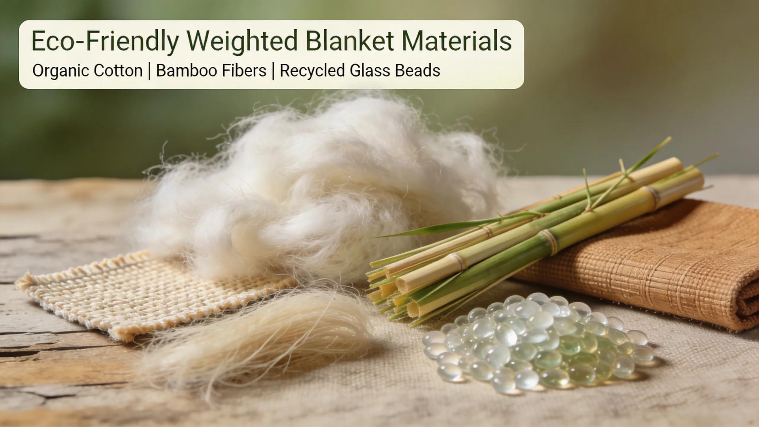 Display of sustainable materials for eco-friendly weighted blankets showcasing organic cotton, bamboo, and recycled glass