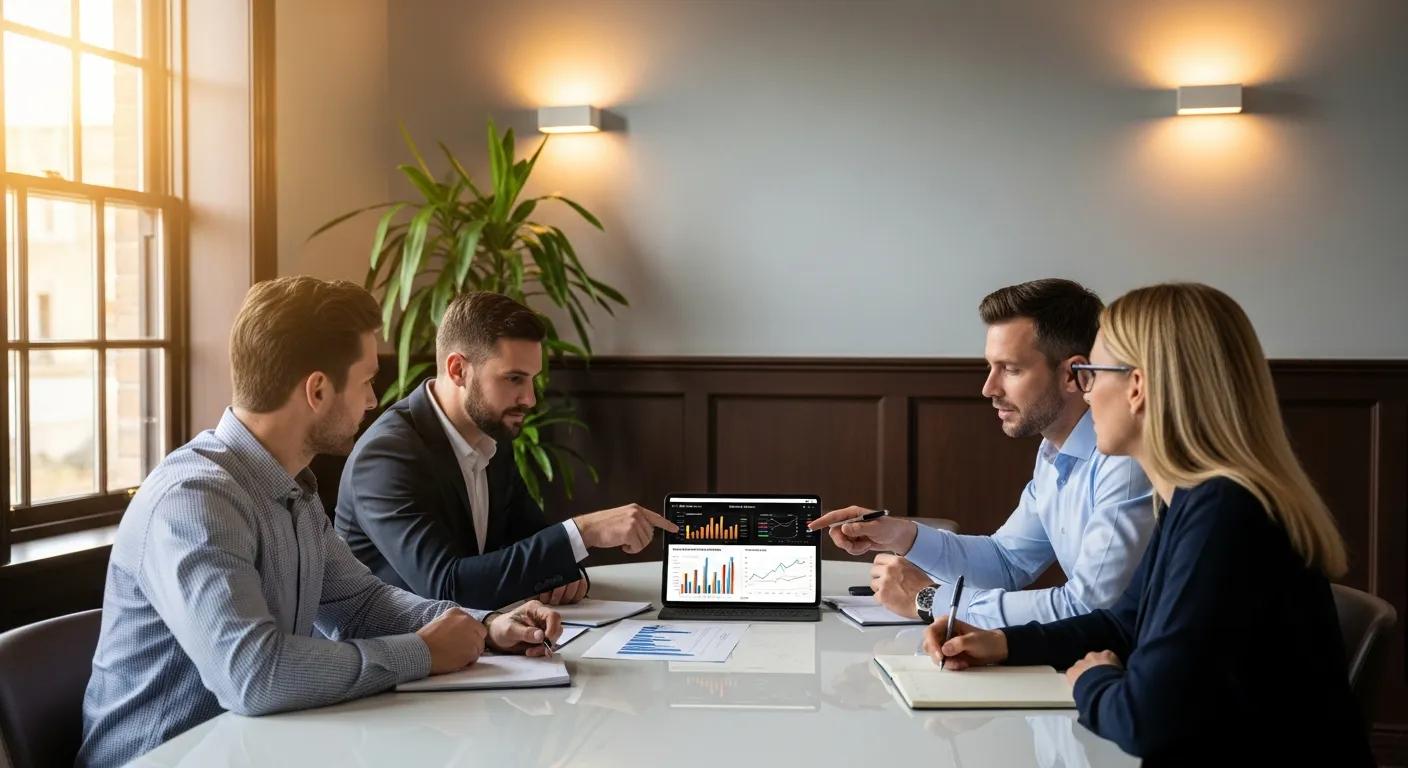 Financial team discussing investment profiles of performing notes in a cozy conference room