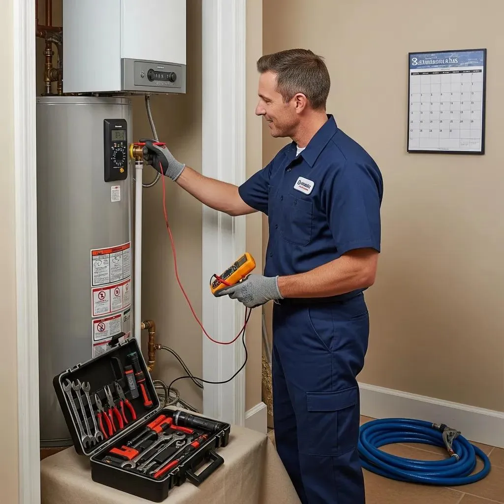 Technician inspecting a water heater for repairs in a residential setting