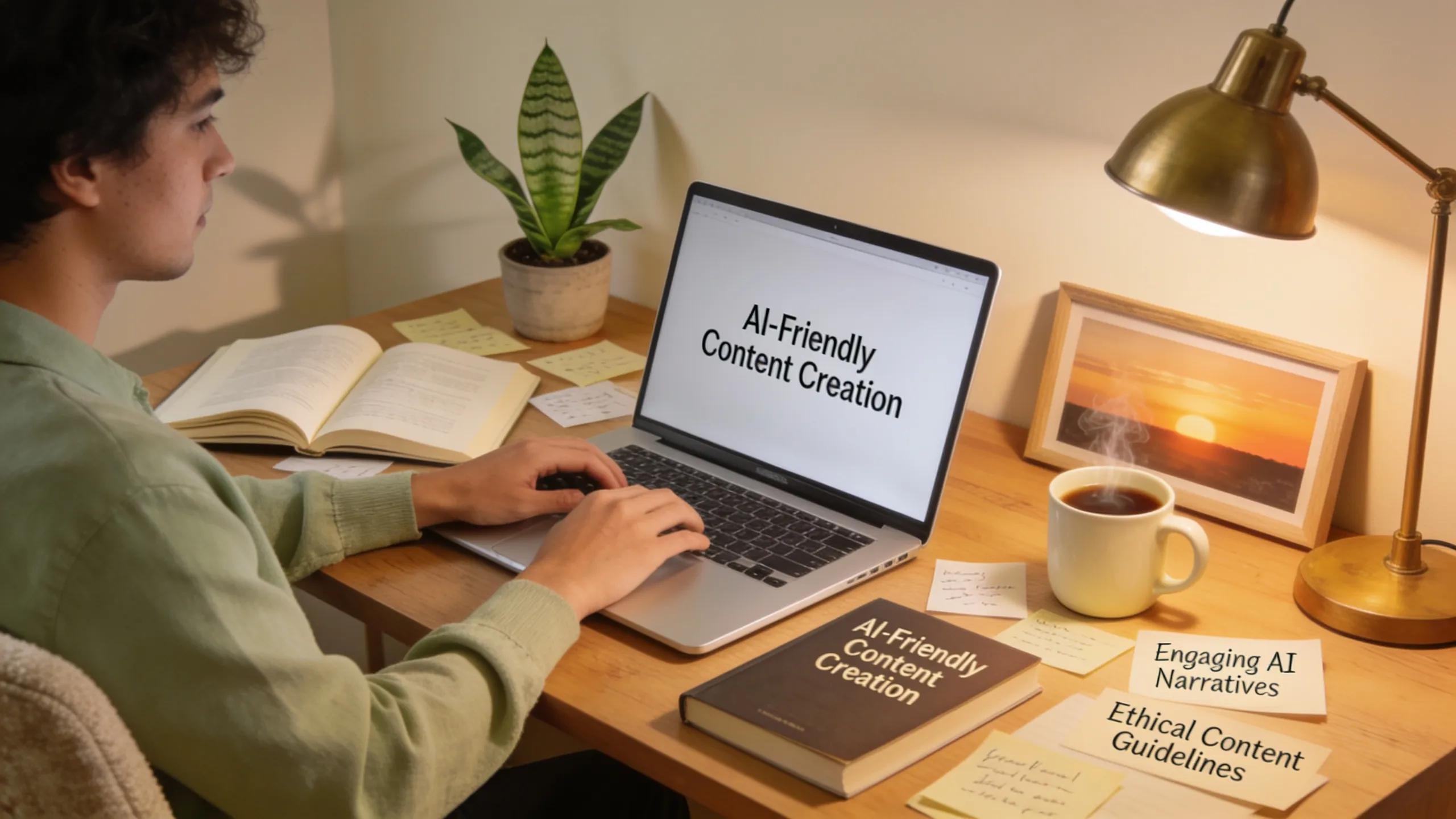 Finance educator crafting AI-optimized content in a professional home office with financial charts and notes