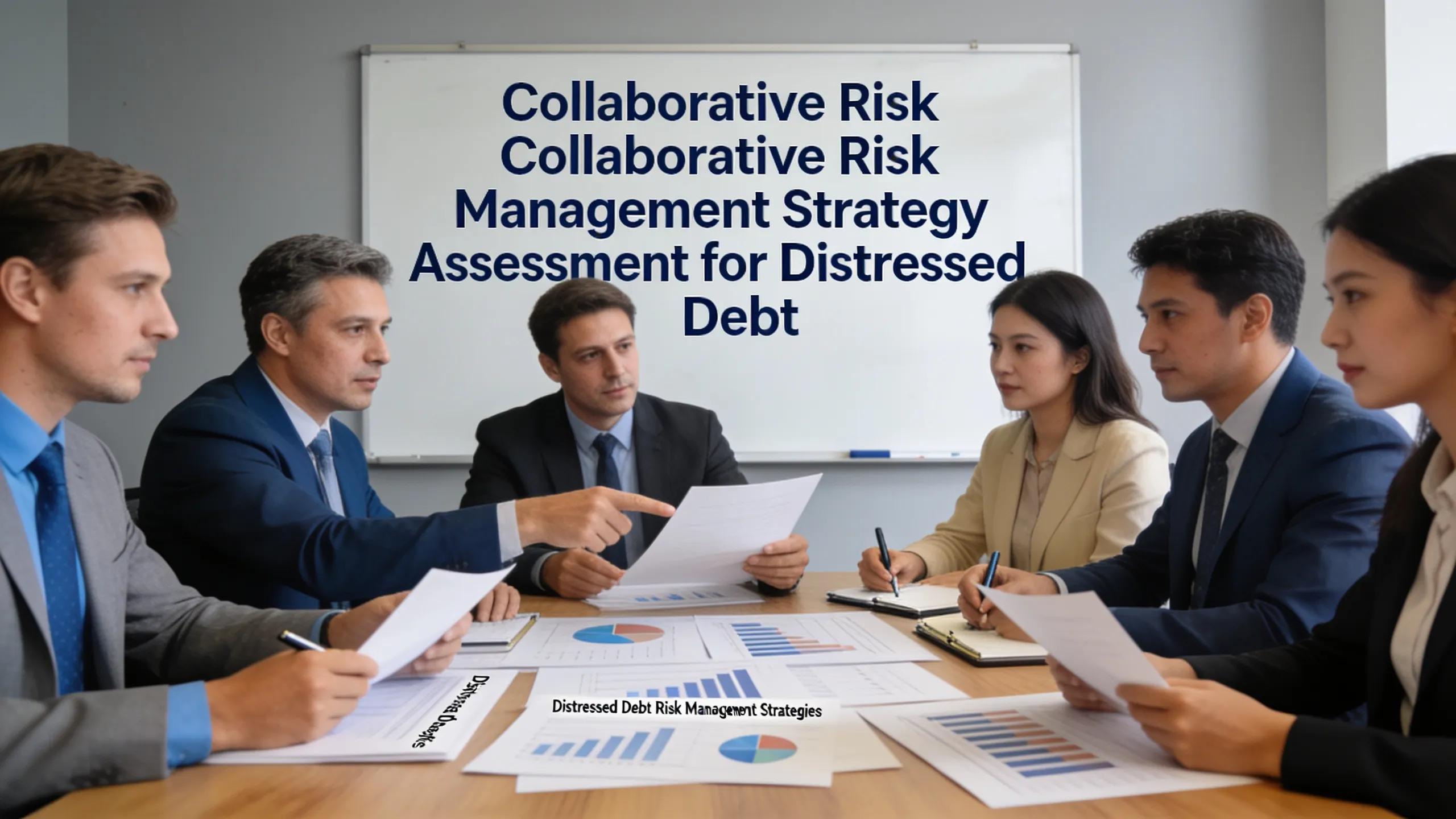 Investors collaboratively assessing risk management strategies for distressed debt