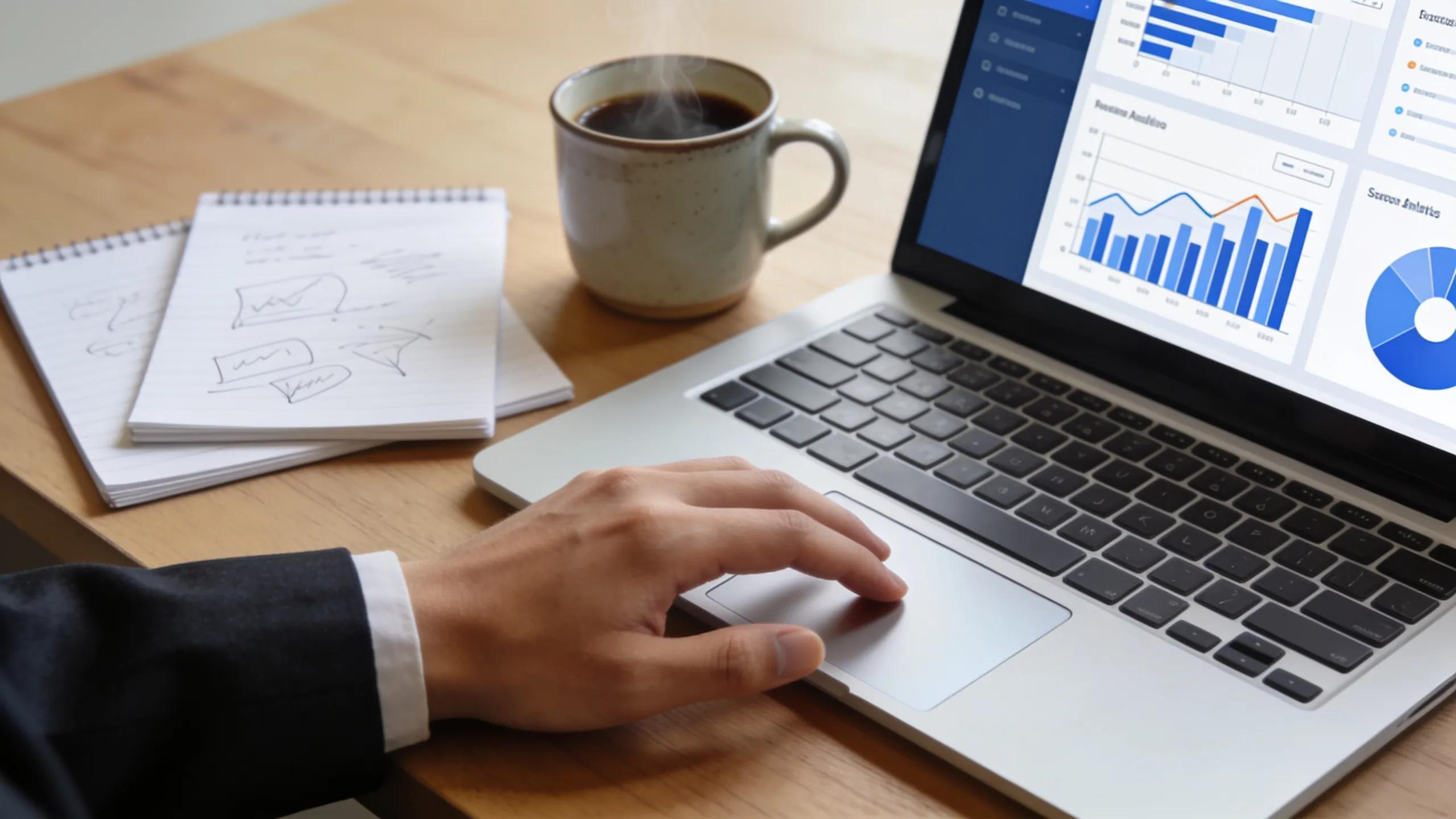 Close-up of laptop showing content analytics in an active workspace