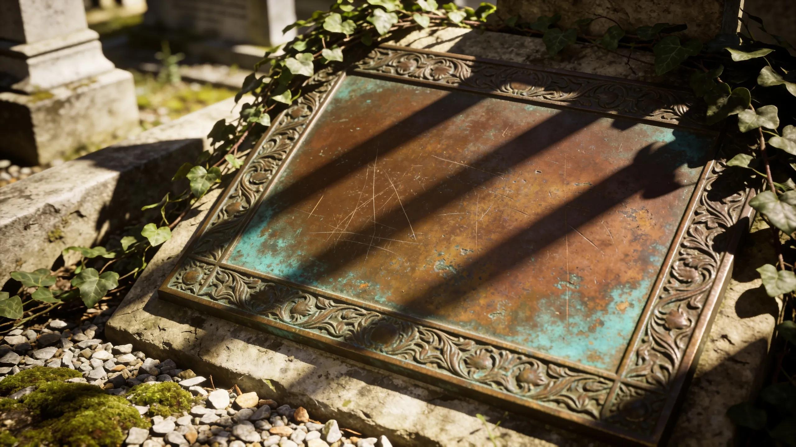 Close-up of a weathered bevel bronze plaque demonstrating durability and rich patina in an outdoor setting