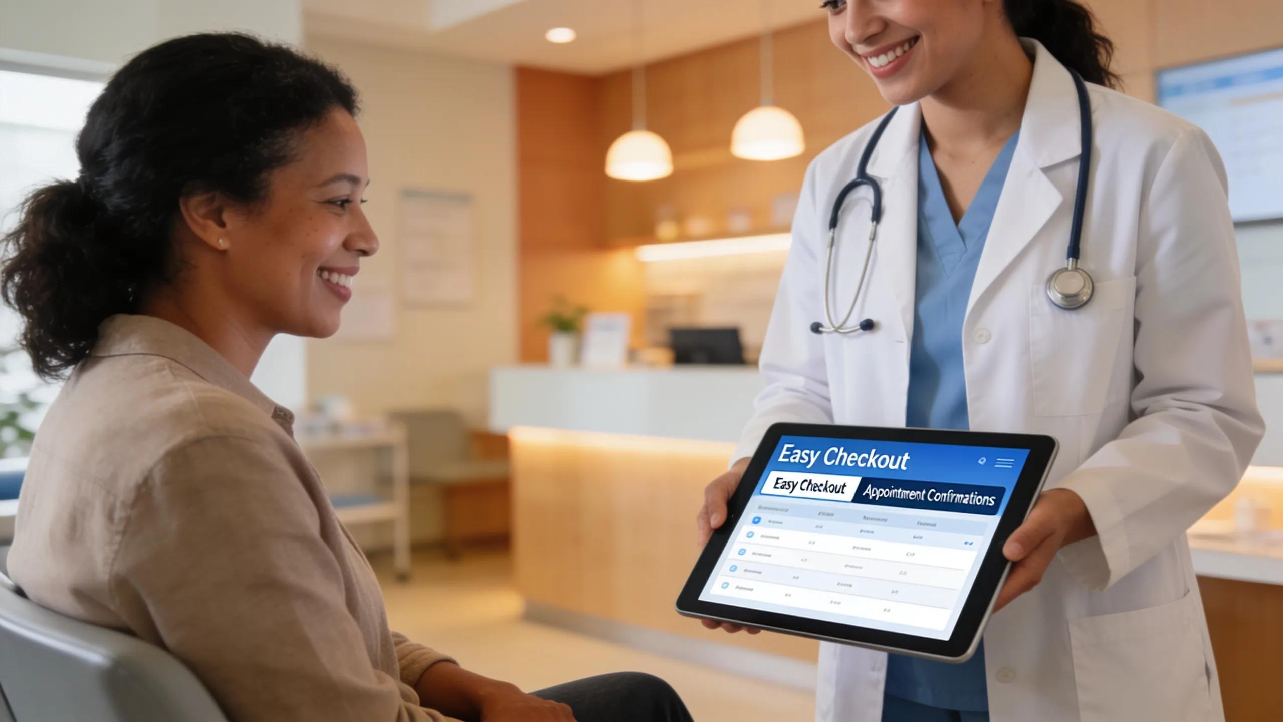 Healthcare professional assisting a patient with an integrated payment and appointment scheduling system in a clinic.