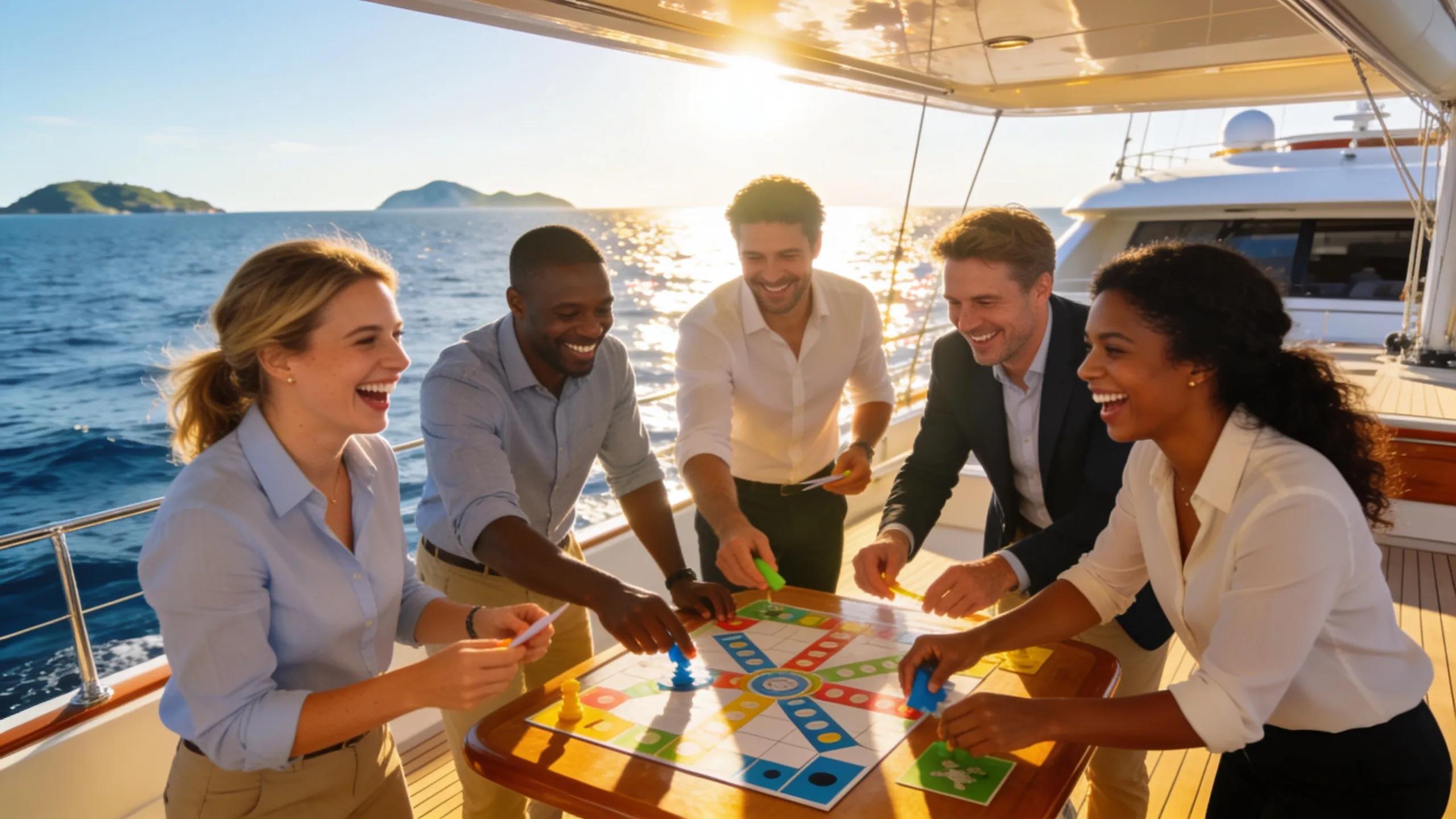 Corporate team engaging in team-building activities on a yacht, promoting collaboration