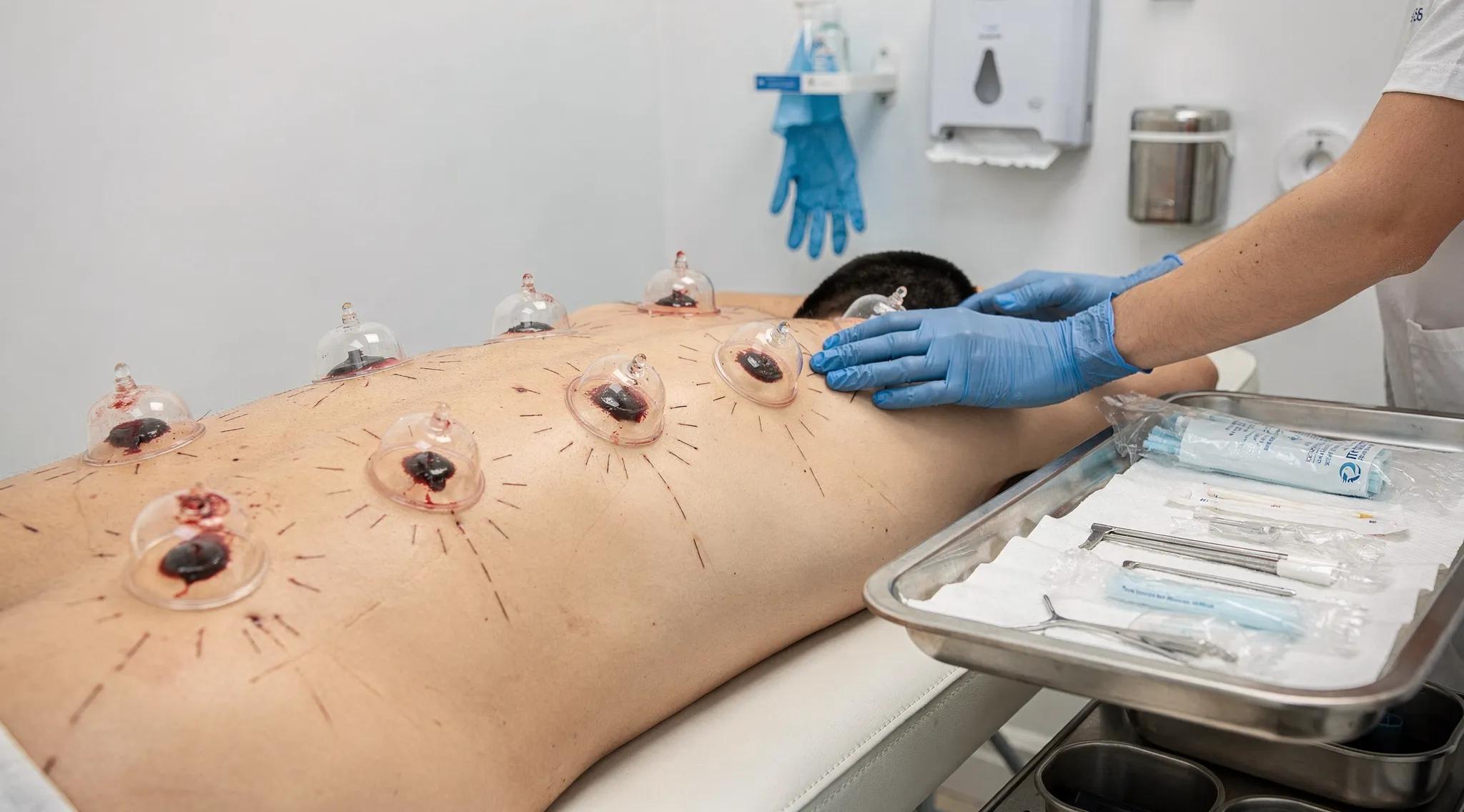 Wet cupping procedure showing cups applied to back after incisions for detoxification