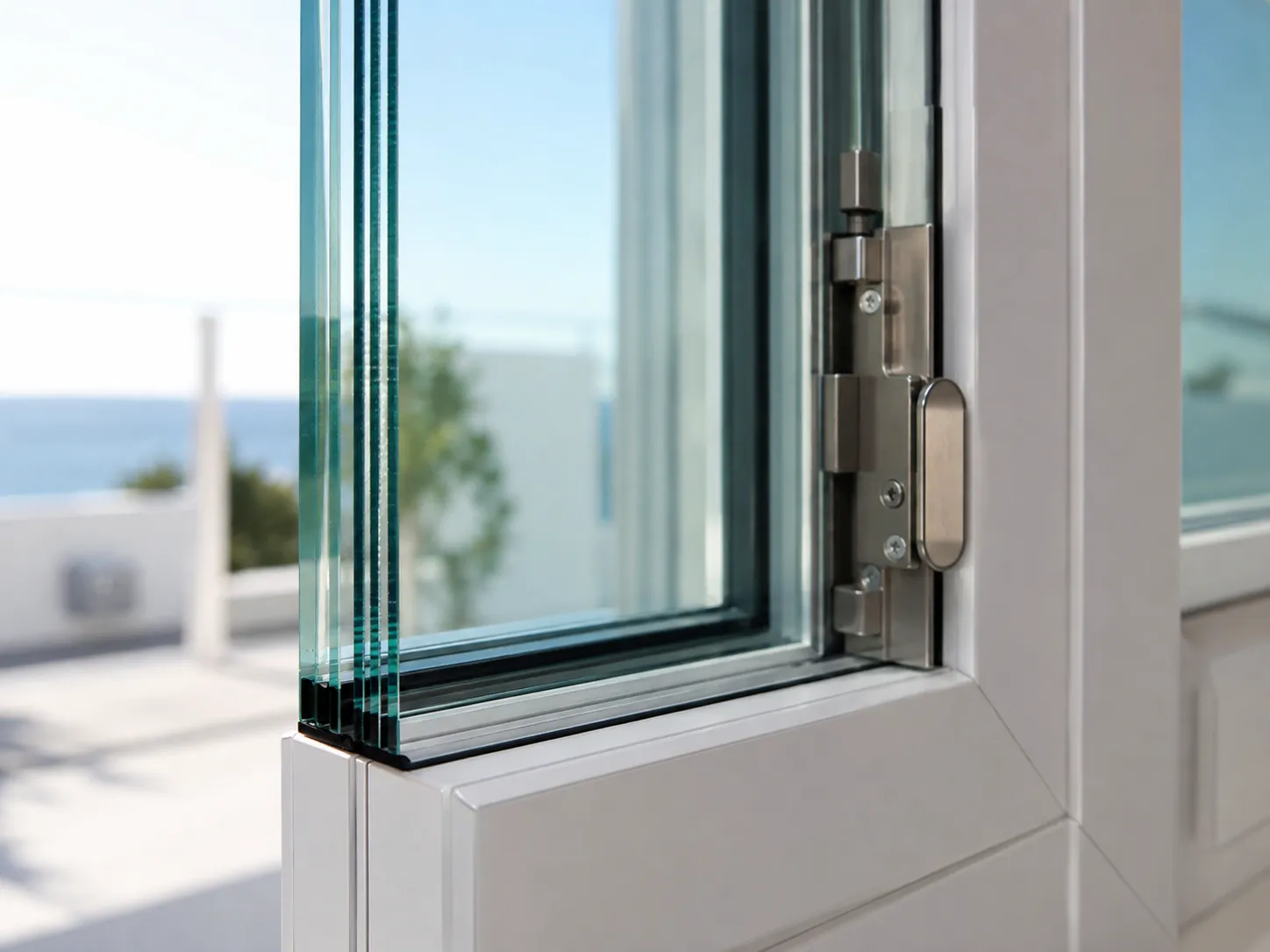 Close-up of a modern impact-resistant coastal window with reinforced glass and hardware