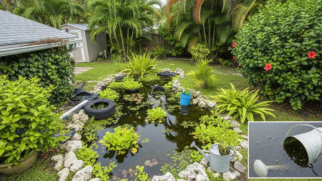 Pompano Beach backyard with greenery and pond, illustrating mosquito breeding environment