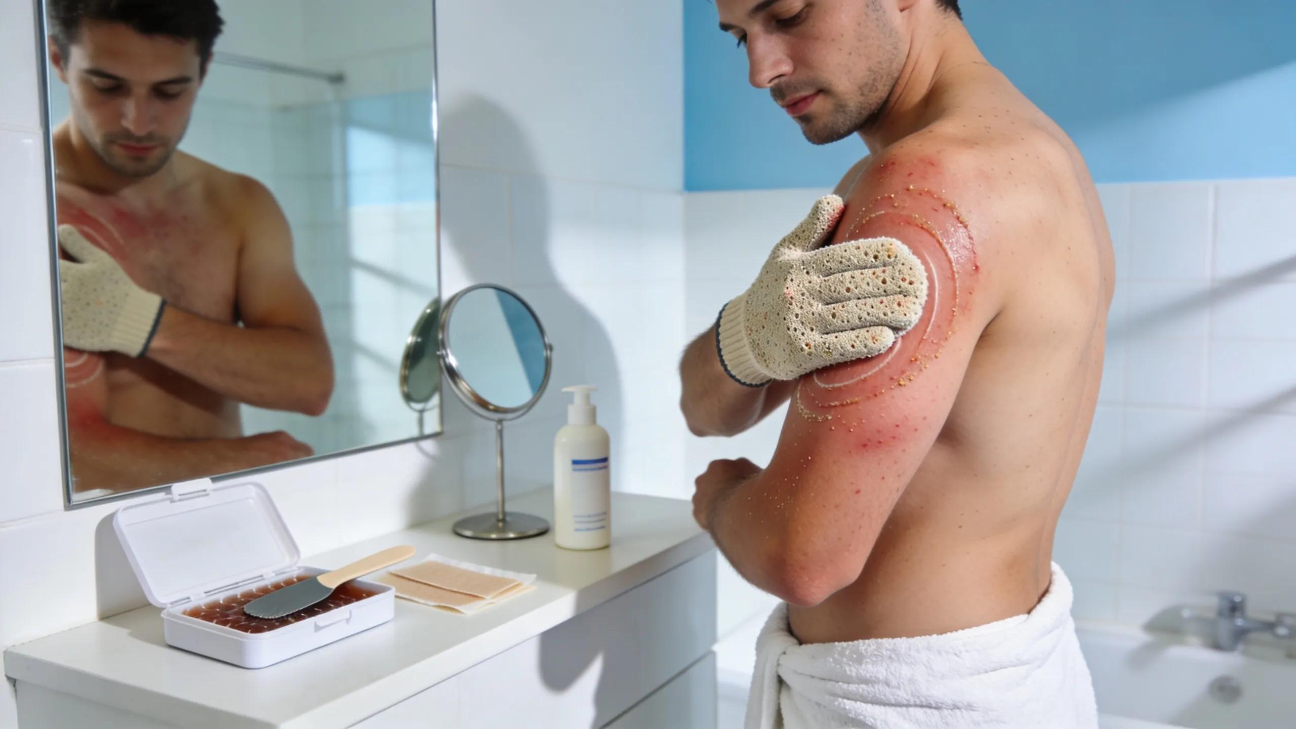 Man exfoliating skin with scrub glove in a bright bathroom before waxing appointment