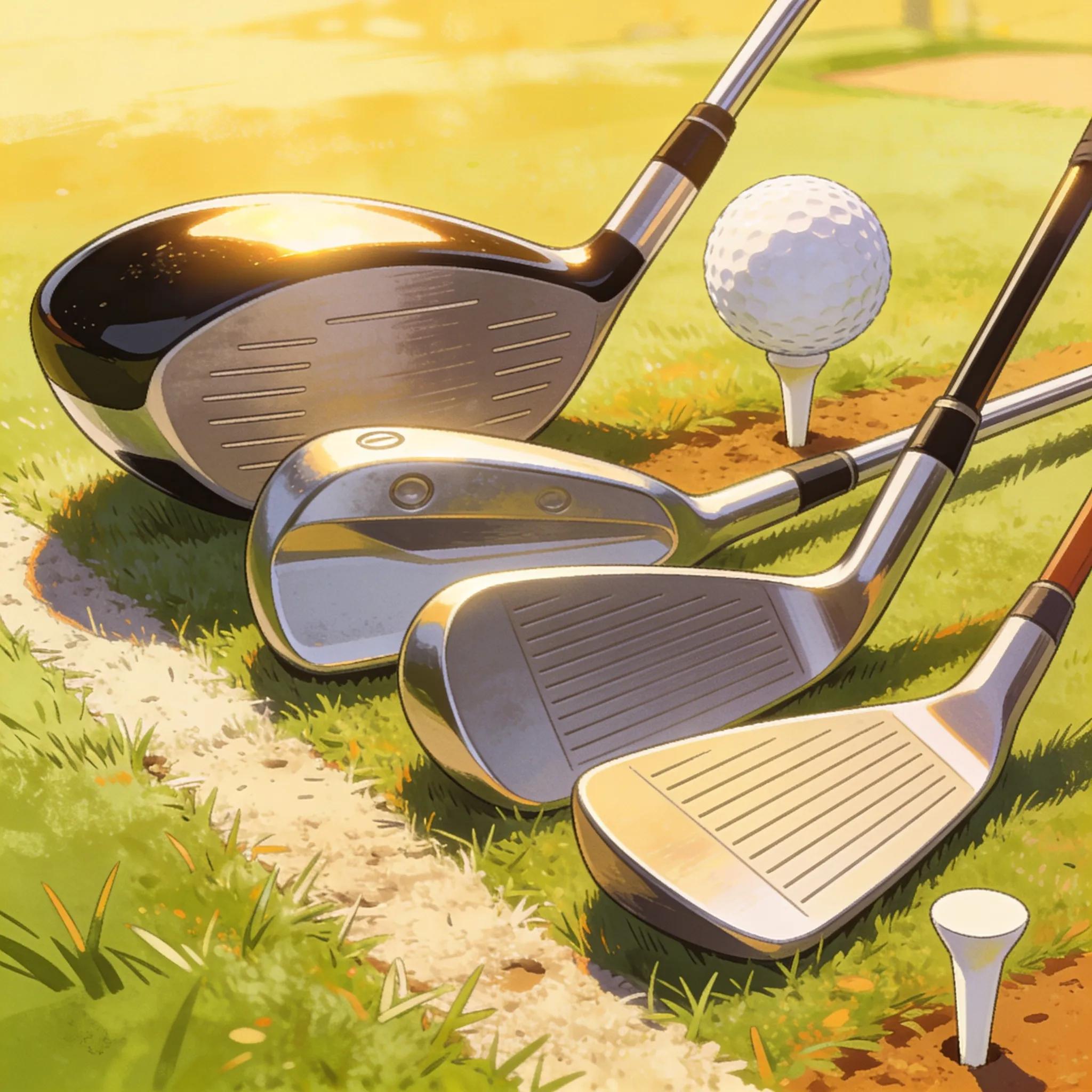 Different types of golf clubs including driver, iron, and wedge on a golf course tee box
