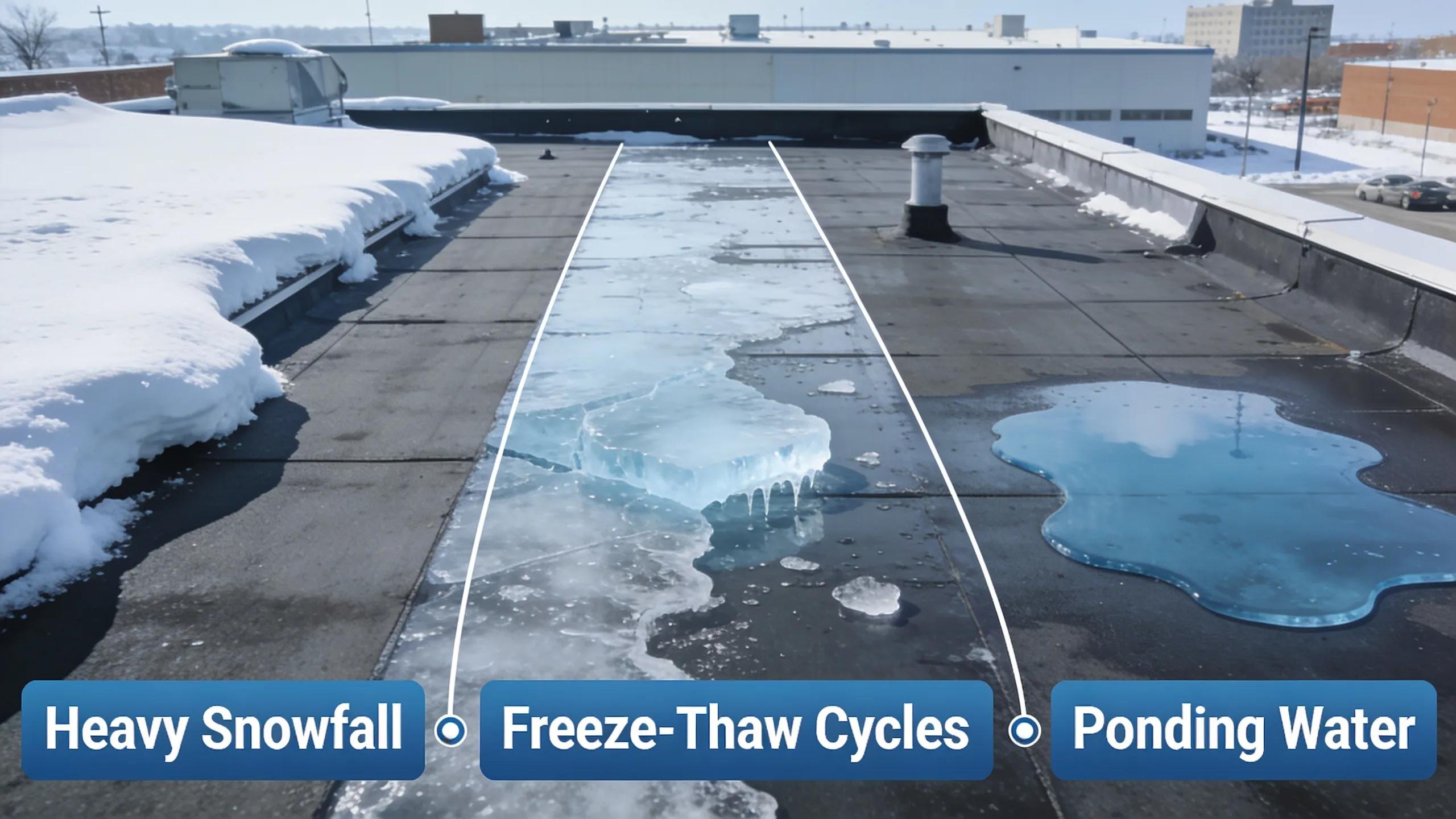 Minnesota commercial flat roofs face regional stressors including heavy snowfall, freeze-thaw cycles, and ponding water