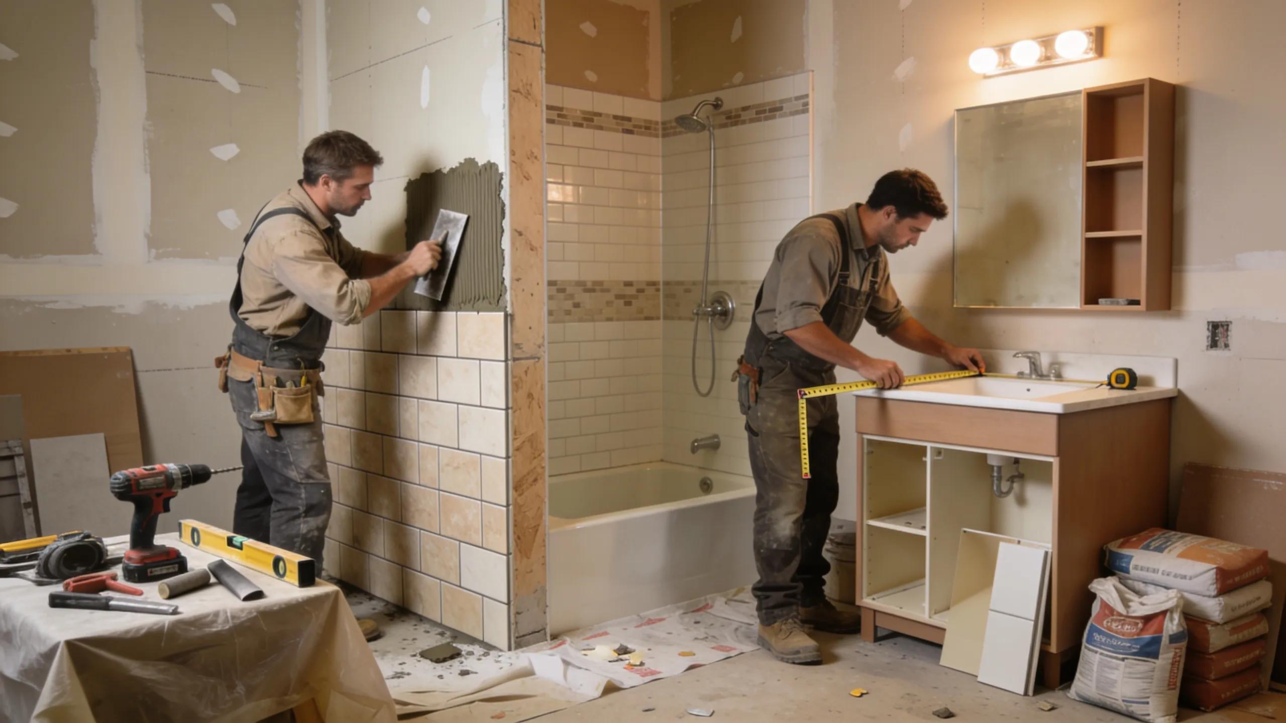 Workers engaged in a bathroom remodel, showcasing installation and quality