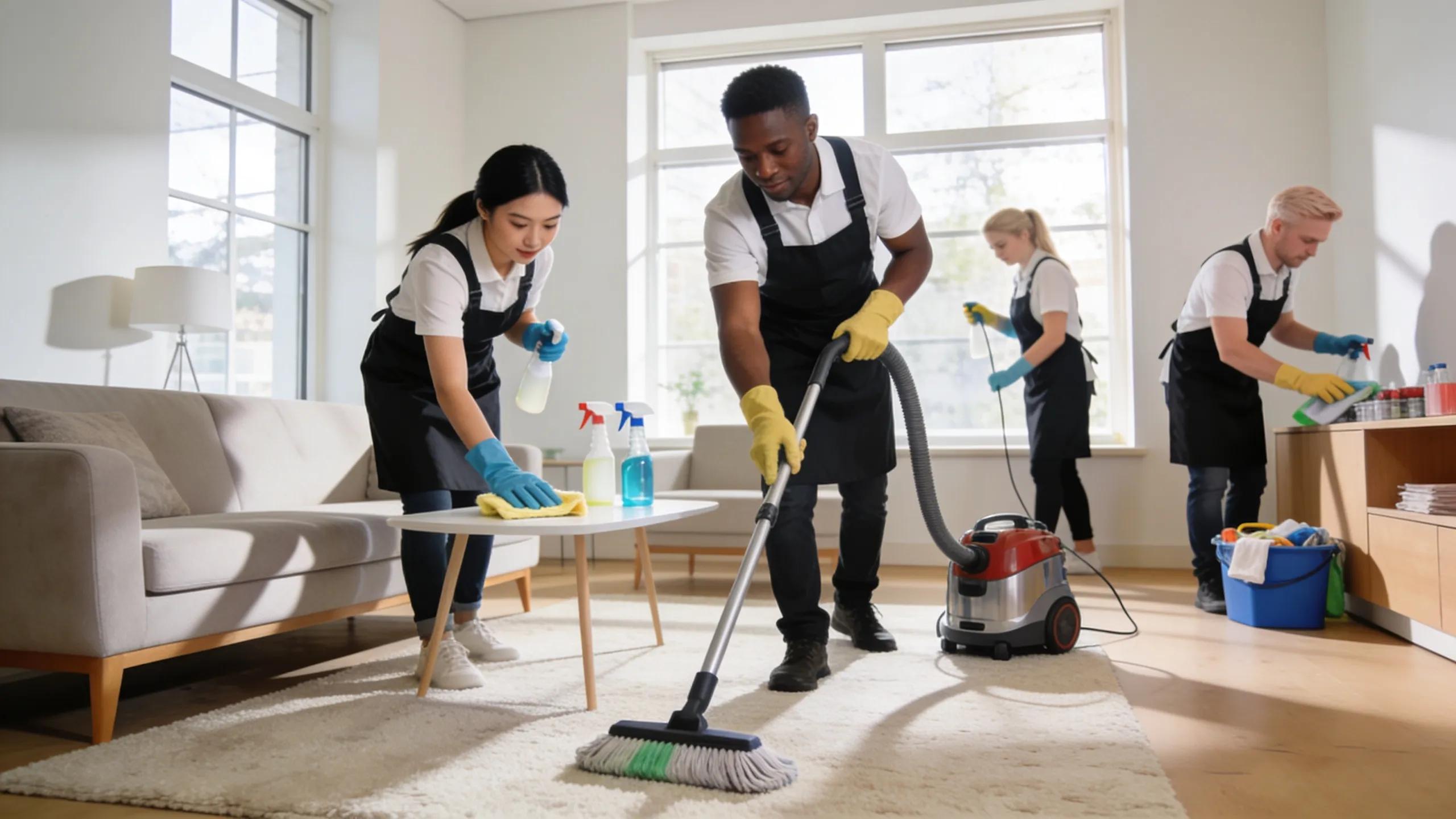 Professional cleaning team working in a bright living room, showcasing effective cleaning services
