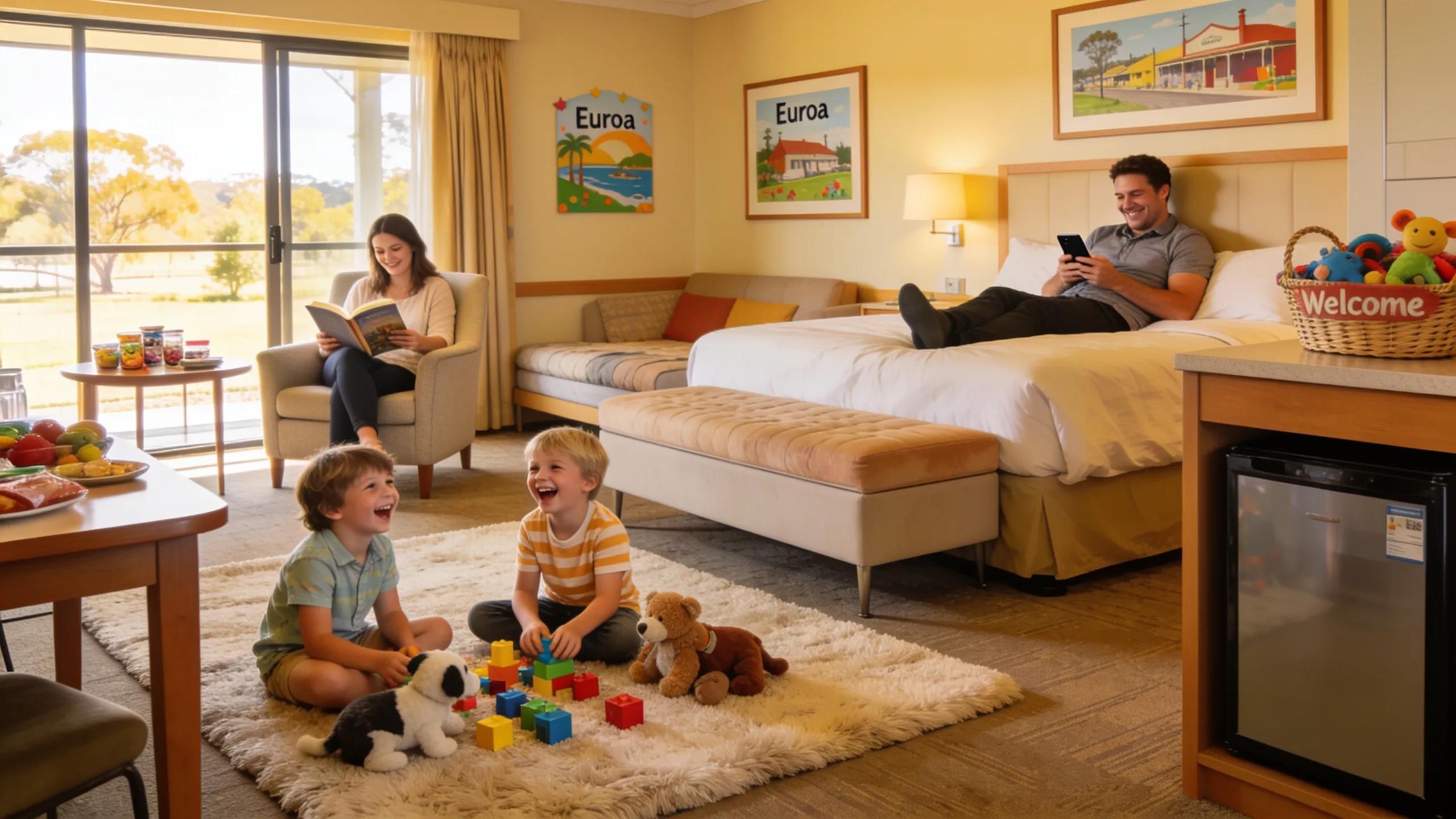 Family enjoying accommodations with spacious and kid-friendly amenities in Euroa