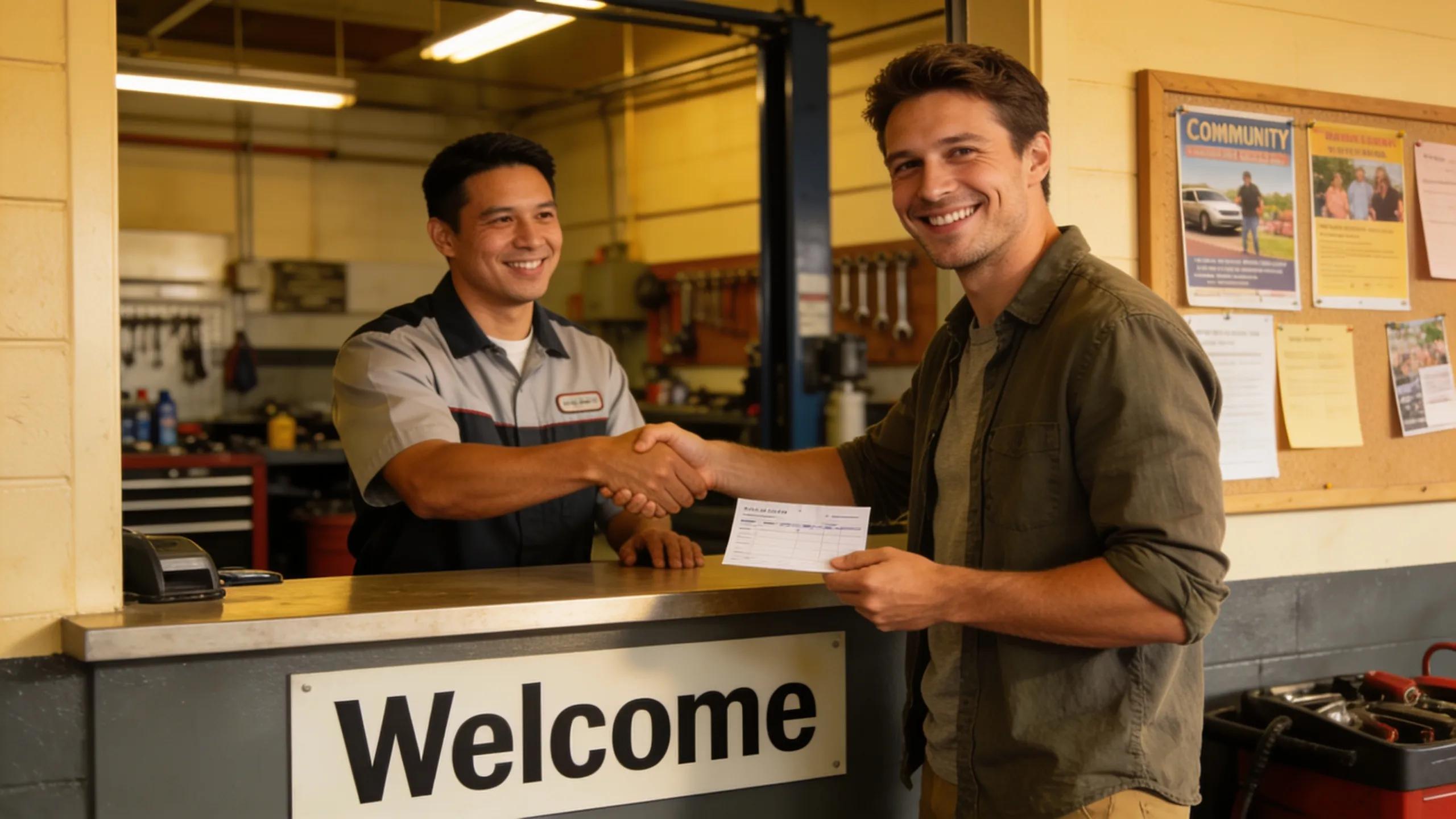 Customer and service advisor engaged in conversation at an auto repair shop, illustrating strong customer relationships
